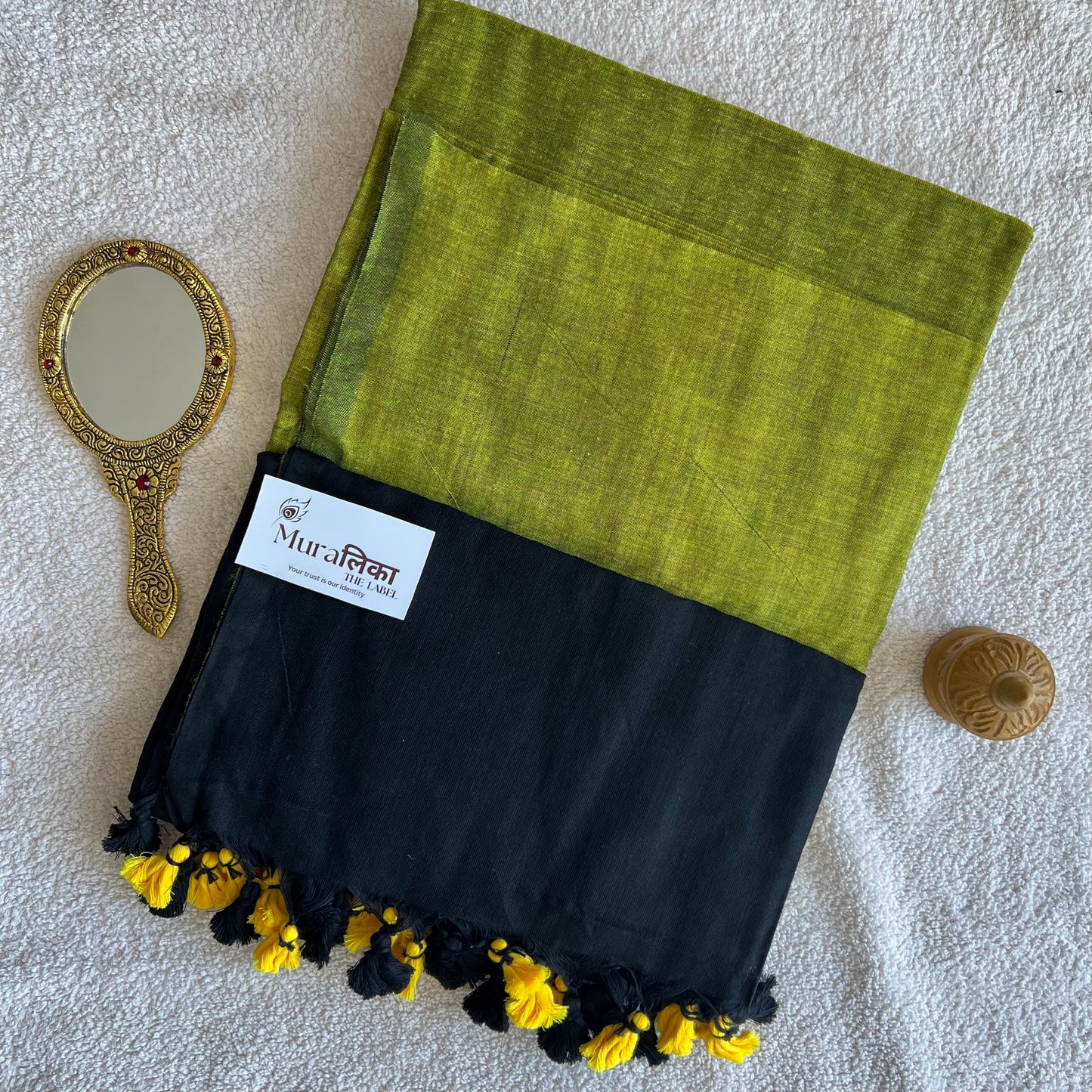 Muralika Black & Lime Handloom Cotton Saree