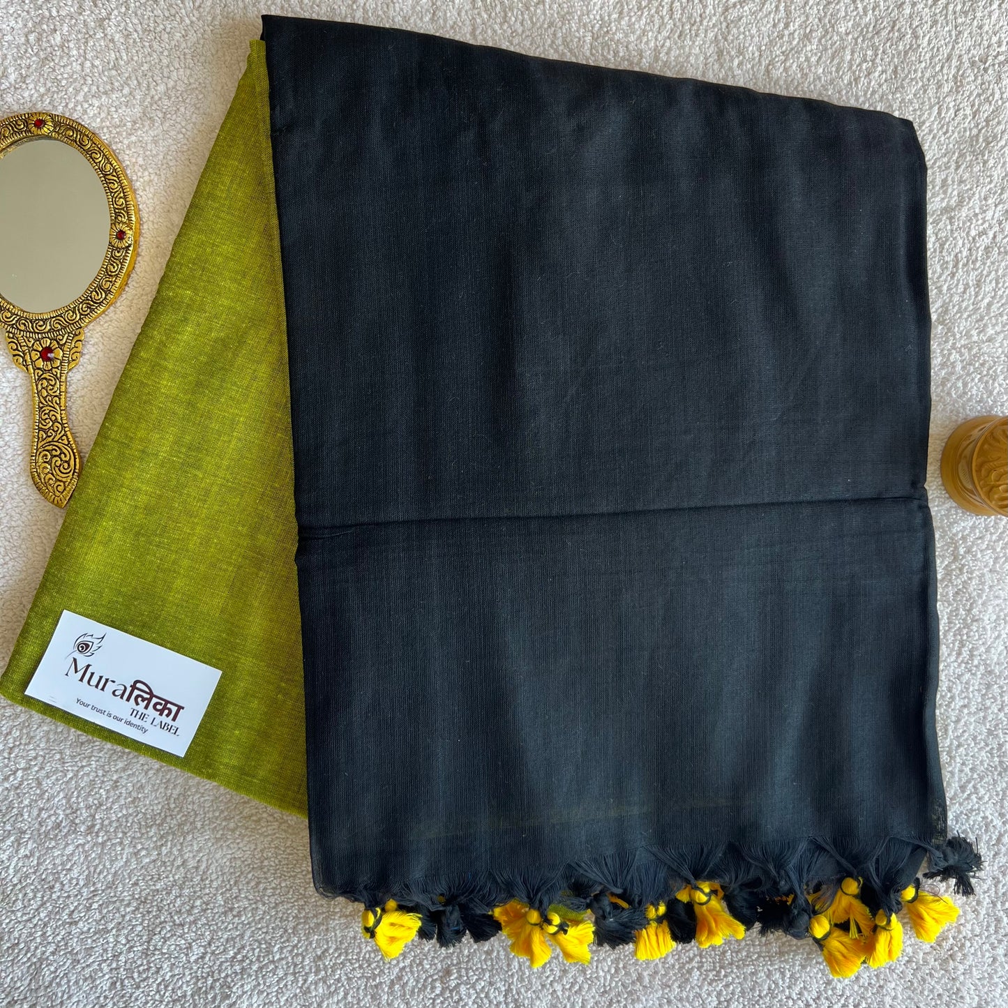 Muralika Black & Lime Handloom Cotton Saree