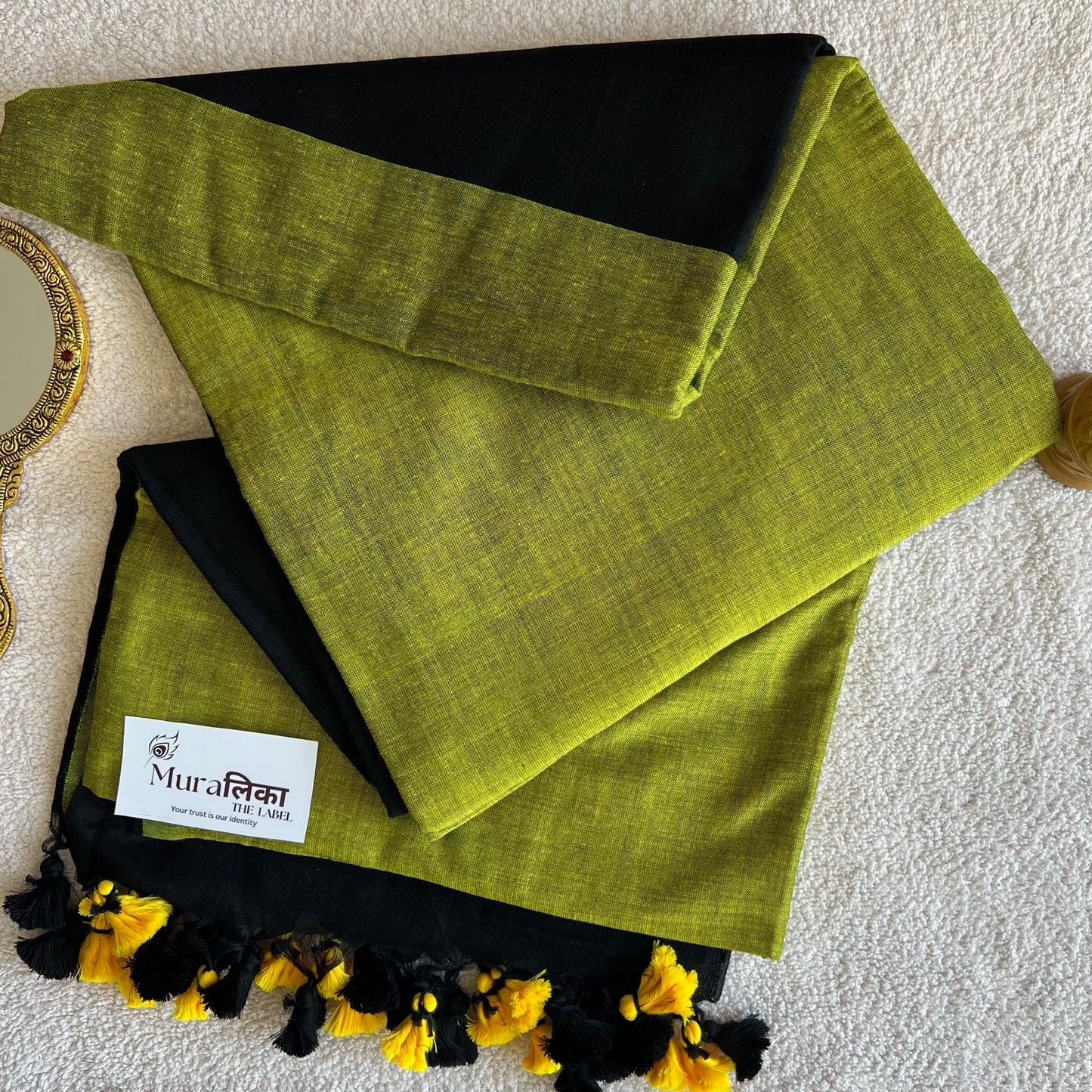 Muralika Black & Lime Handloom Cotton Saree