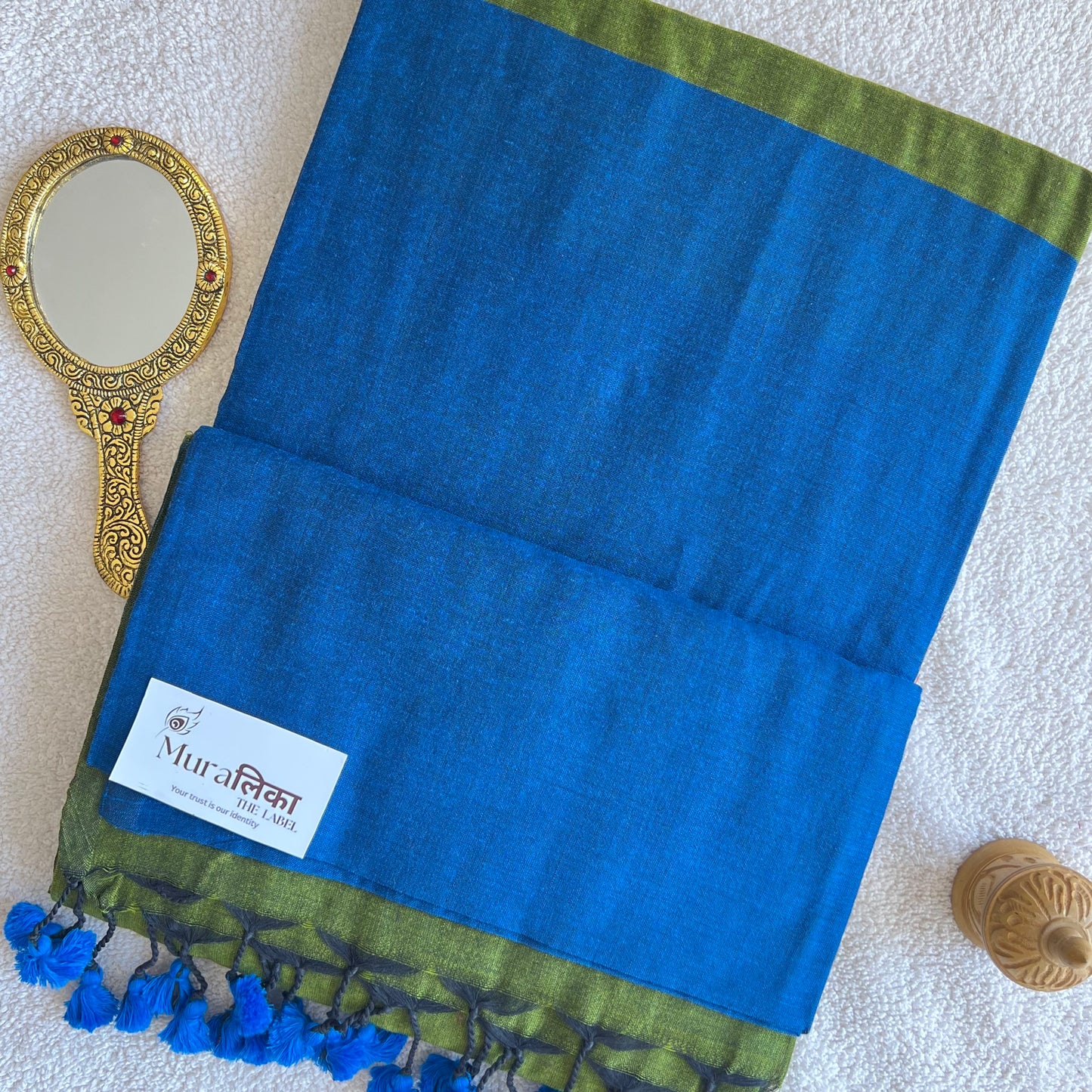 Muralika Blue & Mehendi Handloom Cotton Saree