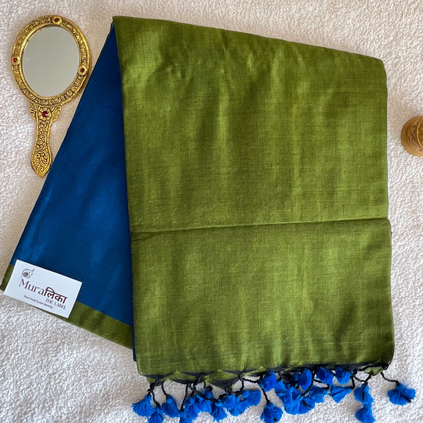 Muralika Blue & Mehendi Handloom Cotton Saree