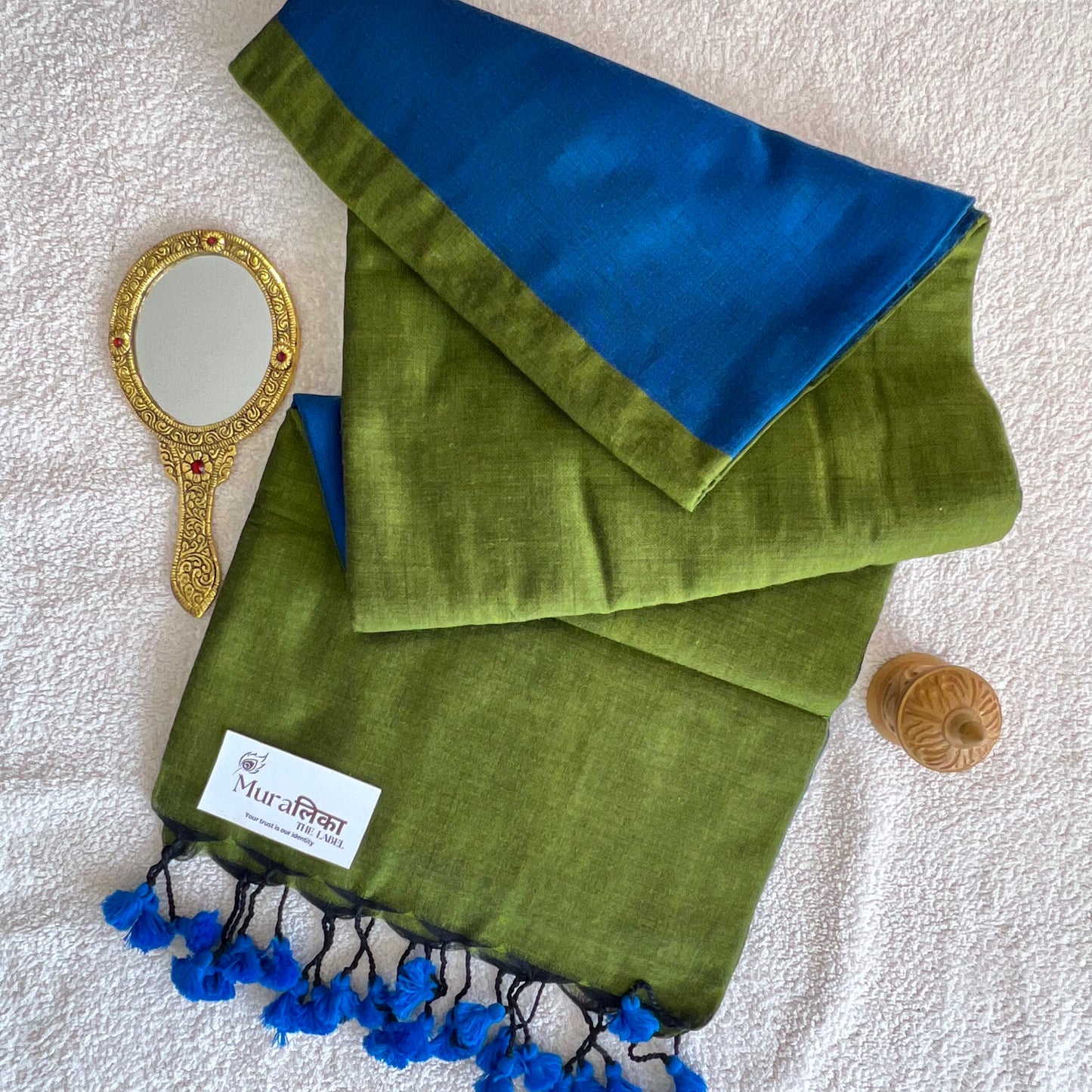 Muralika Blue & Mehendi Handloom Cotton Saree