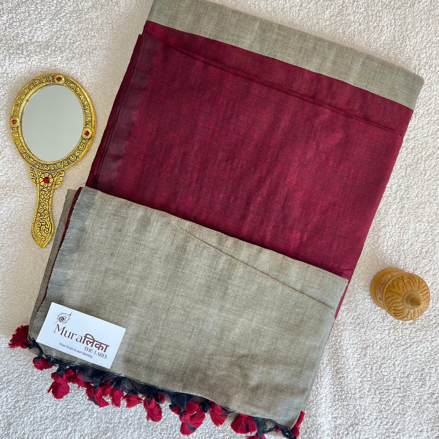Muralika Maroon & Grey Handloom Cotton Saree