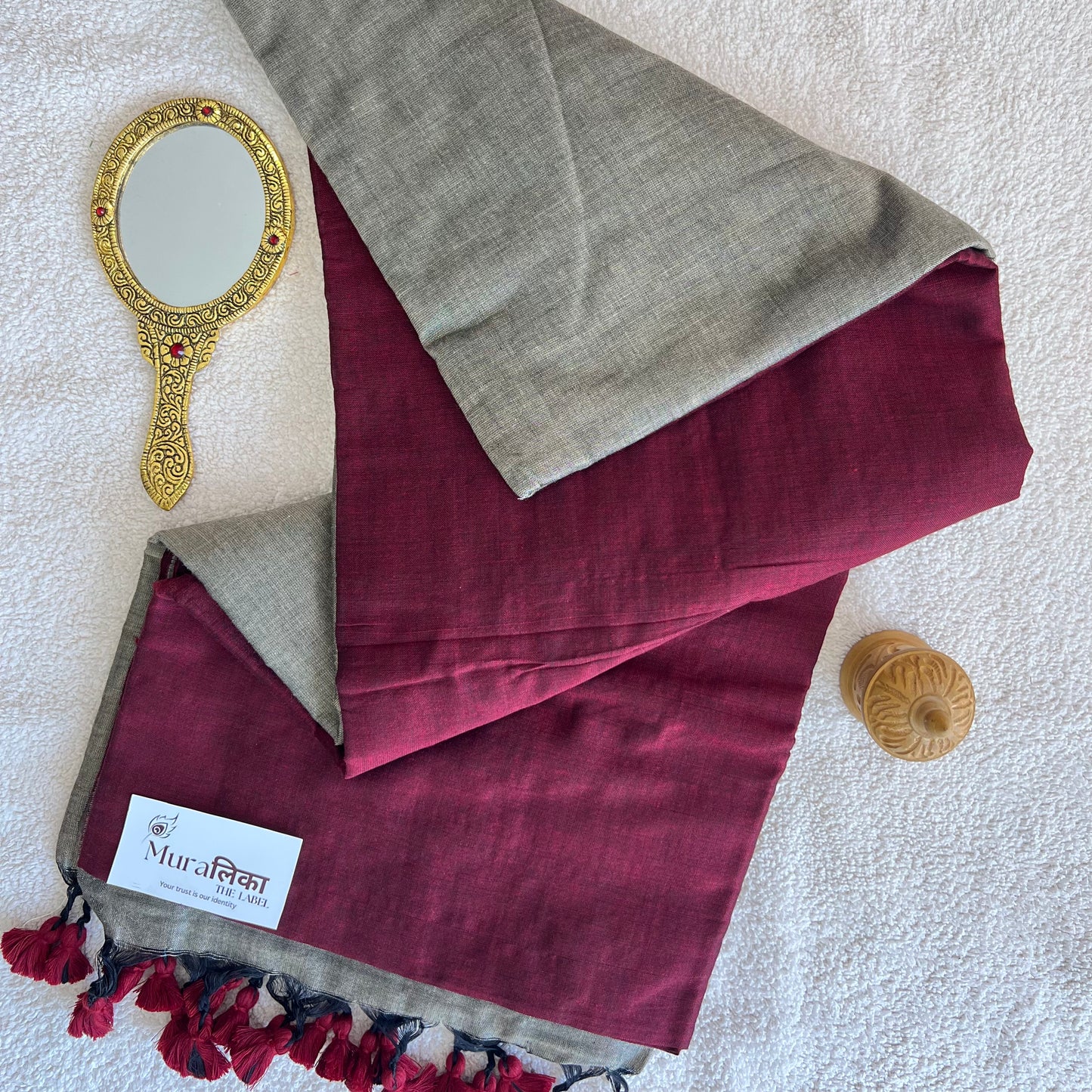 Muralika Maroon & Grey Handloom Cotton Saree