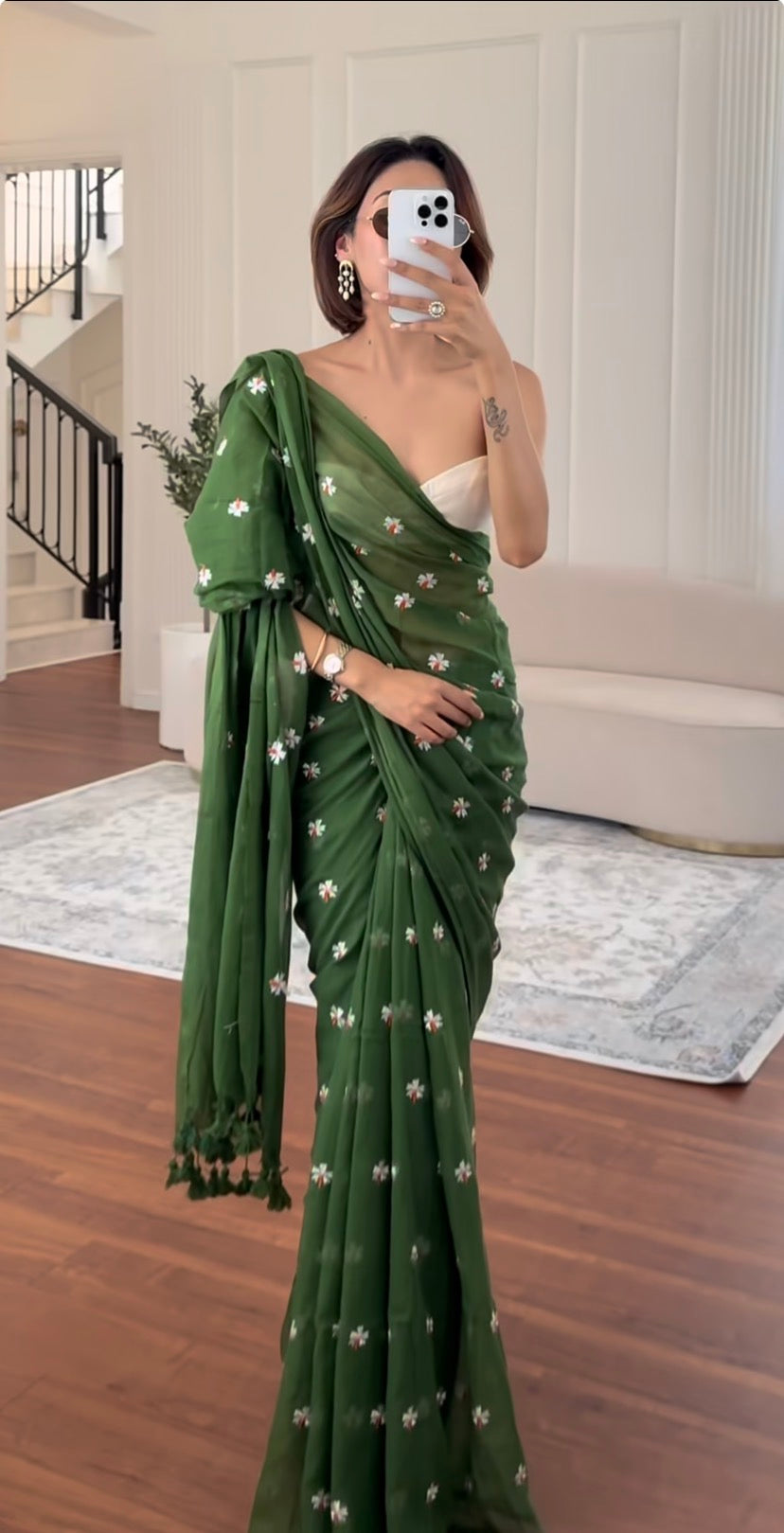 Parijaat Green Embroireded Mulmul Cotton Saree