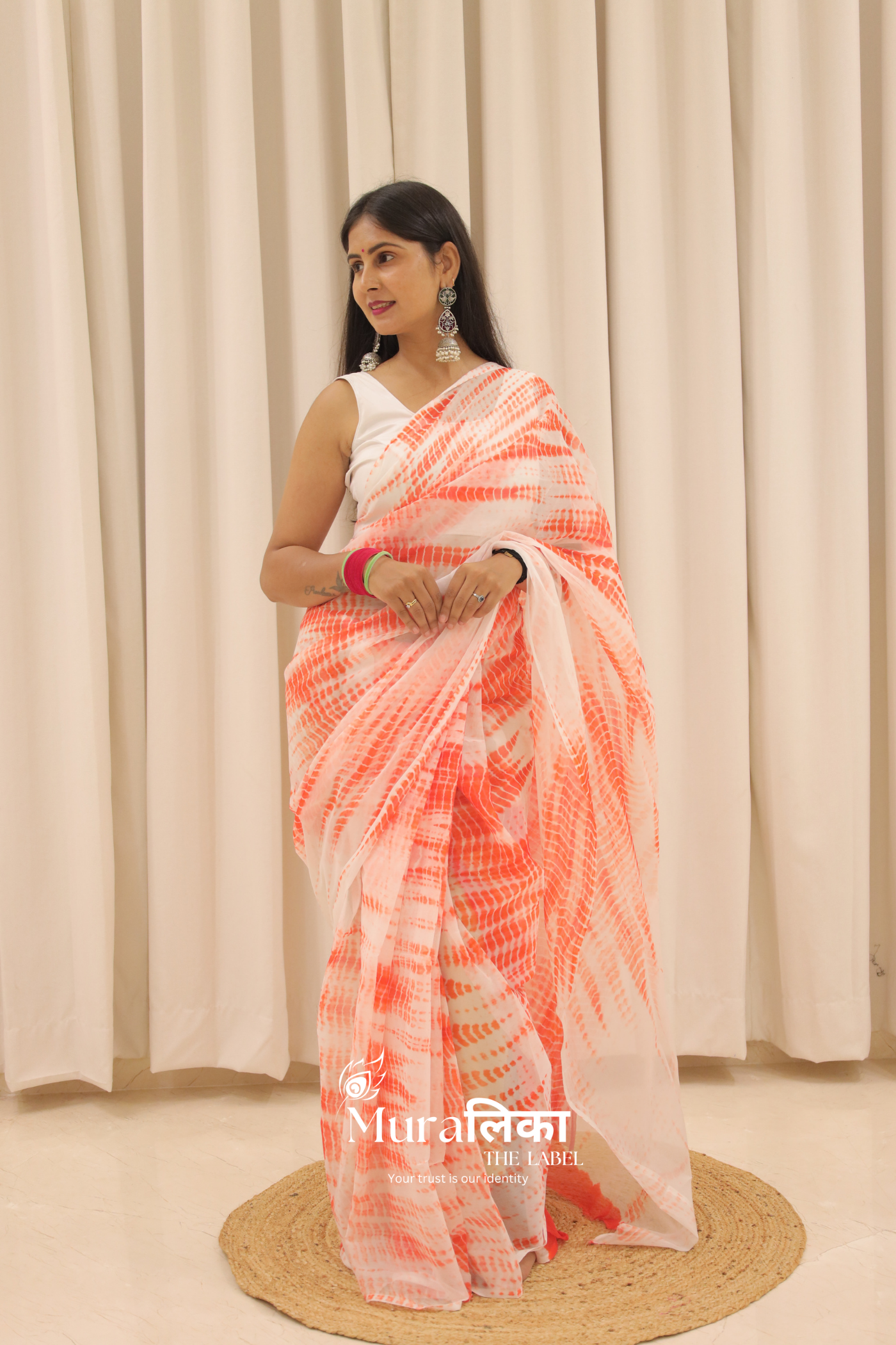 Naarangi Orange Hand Dyed Shibori Bandhej Chiffon Saree