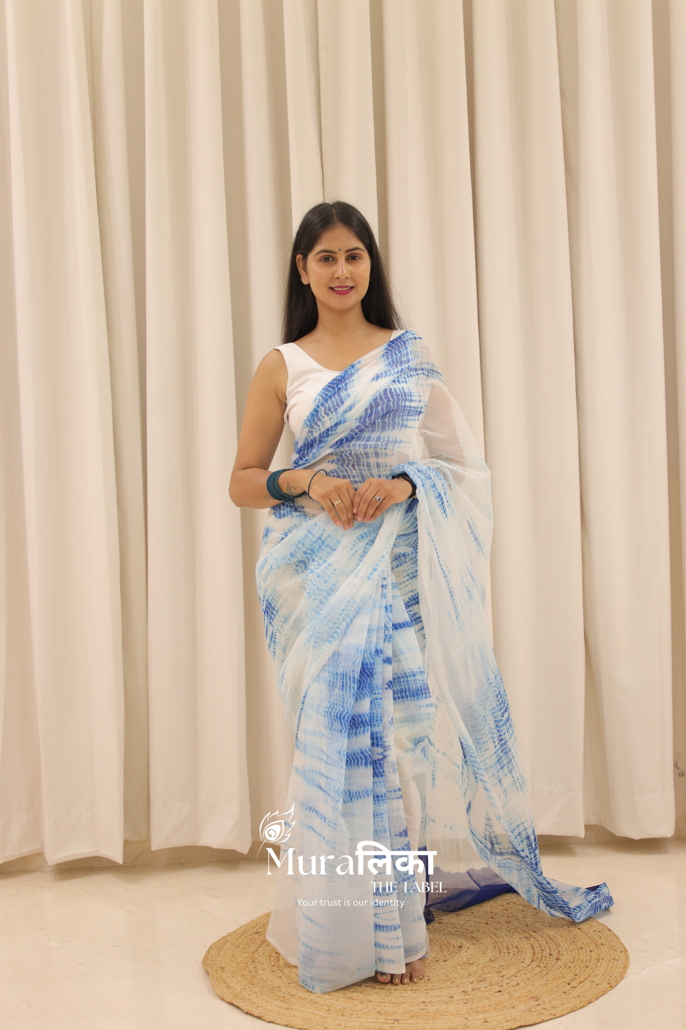 Neel Blue Hand Dyed Shibori Bandhej Chiffon Saree