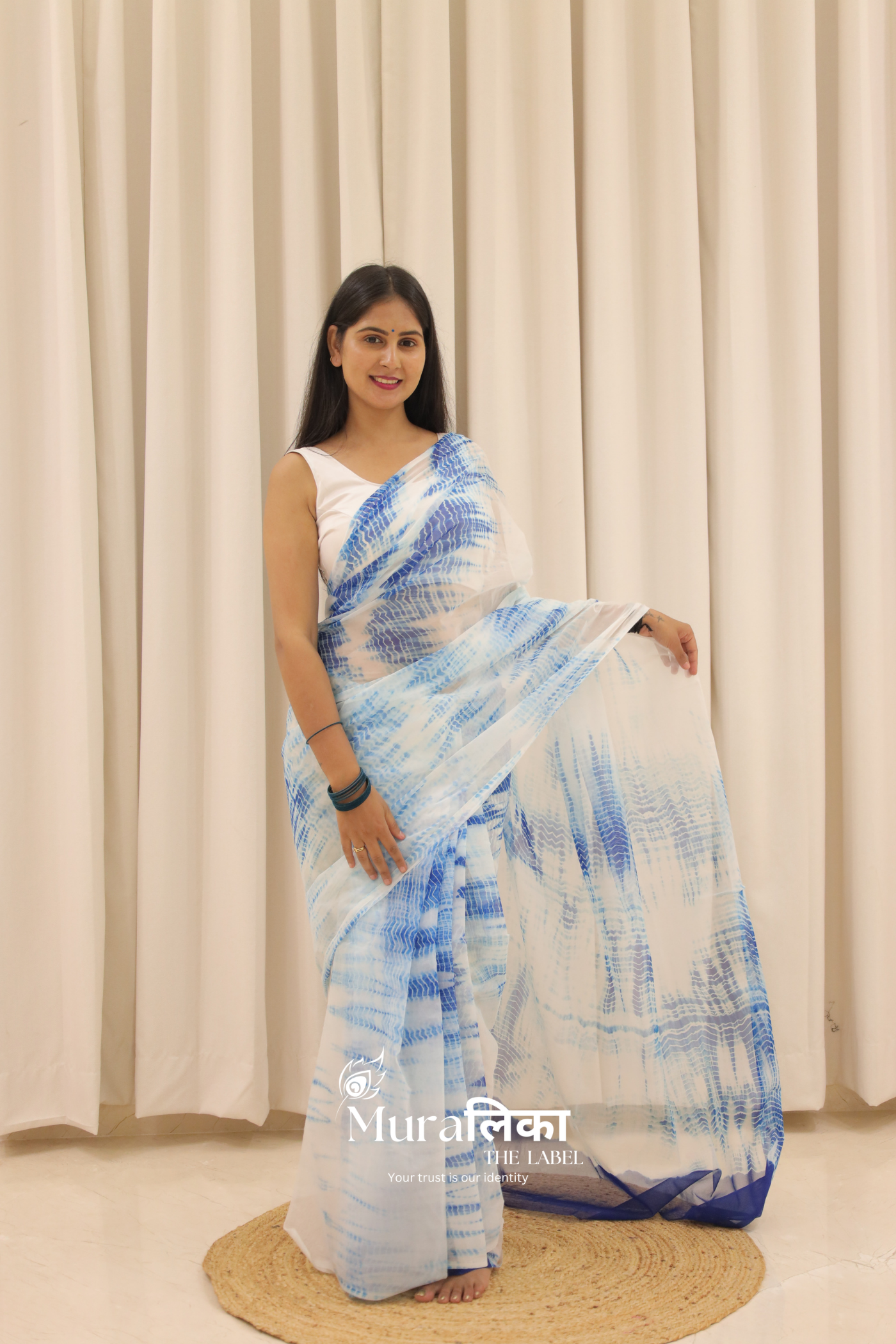 Neel Blue Hand Dyed Shibori Bandhej Chiffon Saree