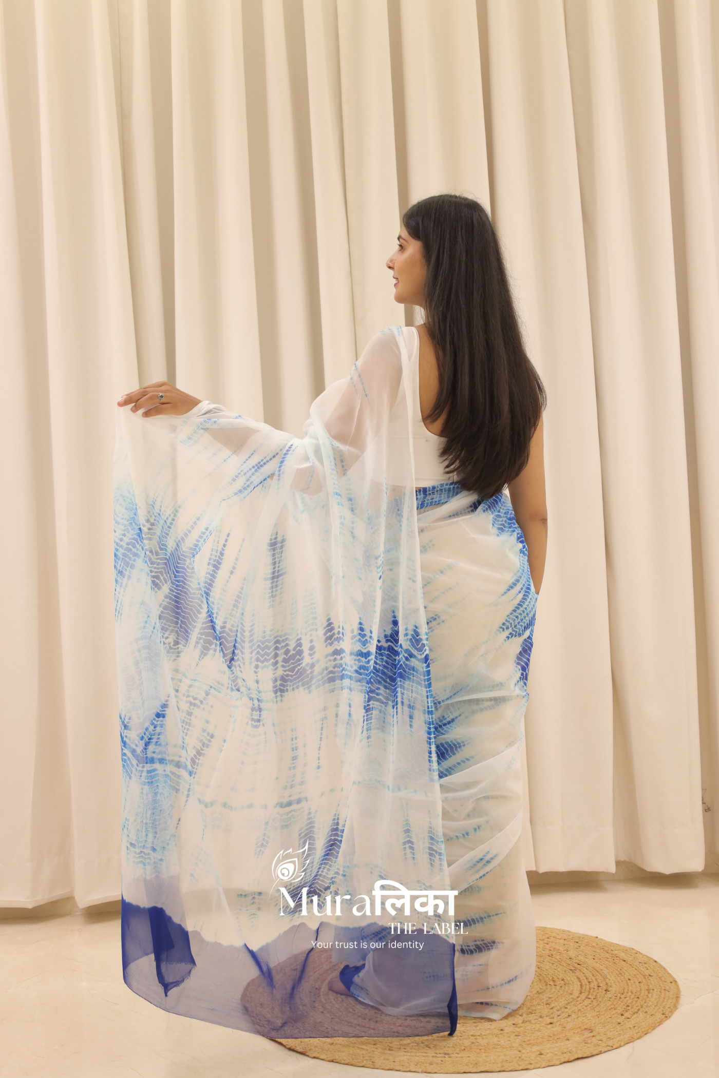 Neel Blue Hand Dyed Shibori Bandhej Chiffon Saree