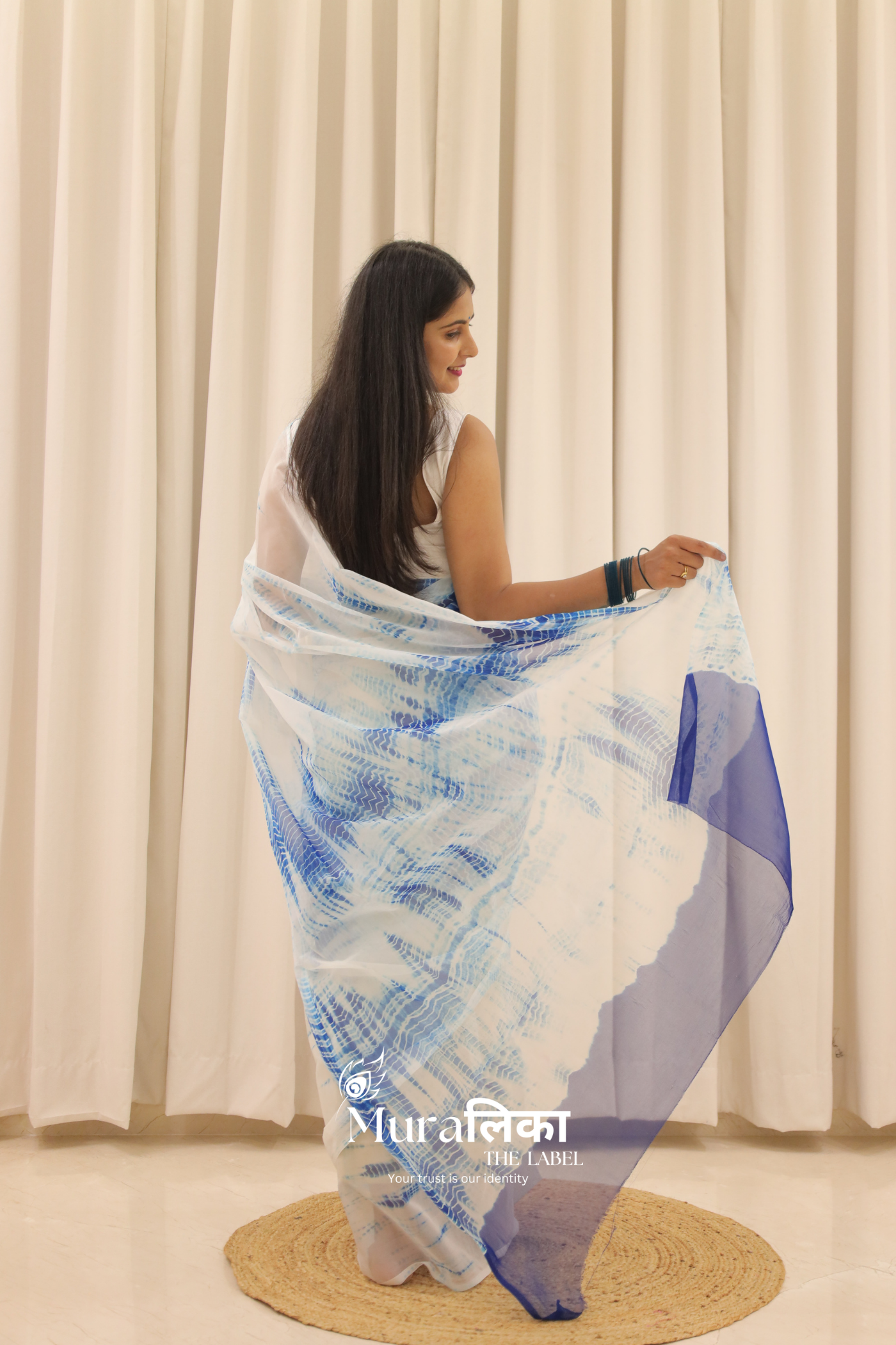 Neel Blue Hand Dyed Shibori Bandhej Chiffon Saree