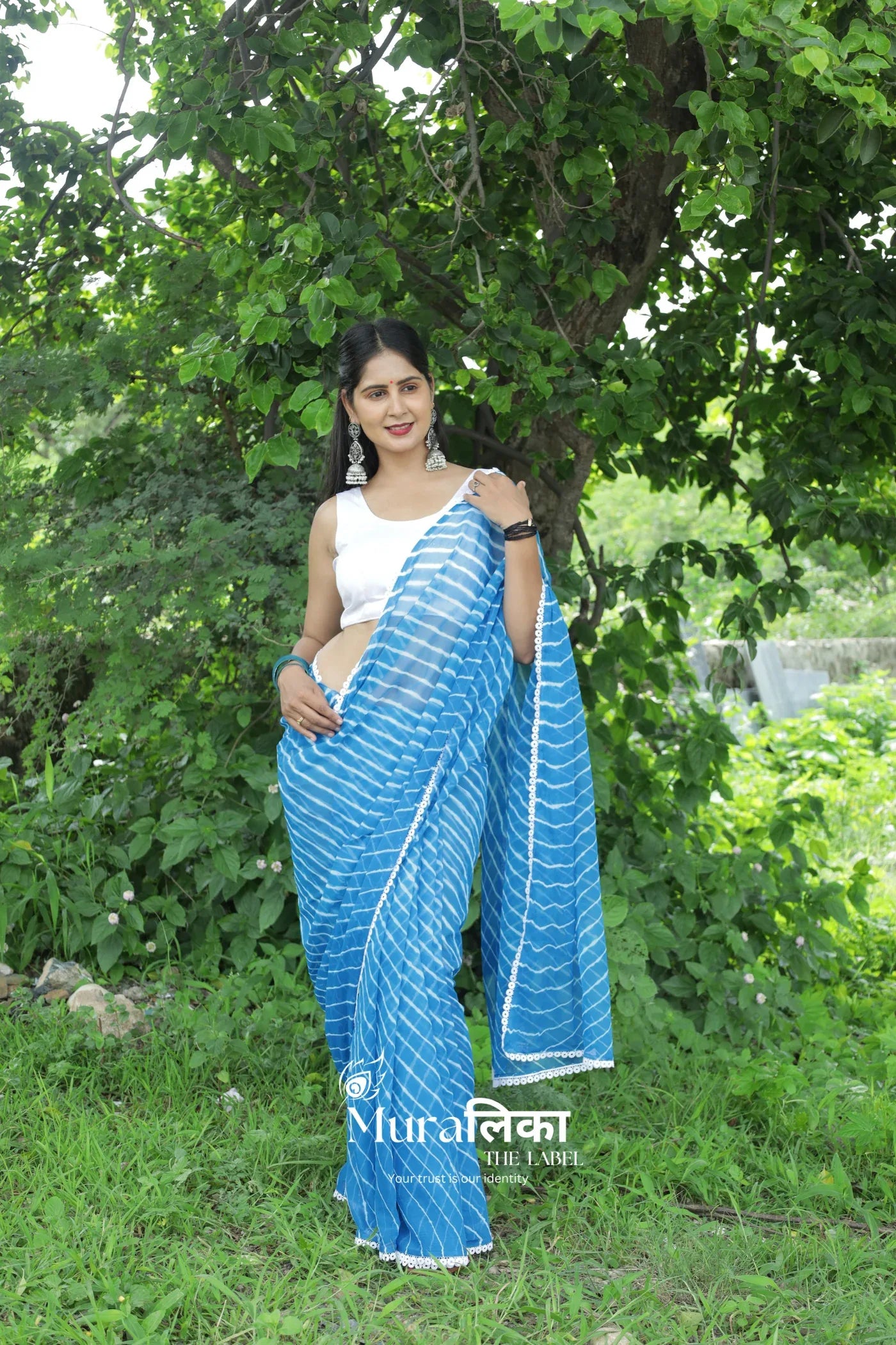 Aasmani Blue Hand dyed Chiffon Leheriya Saree - Muralika the label