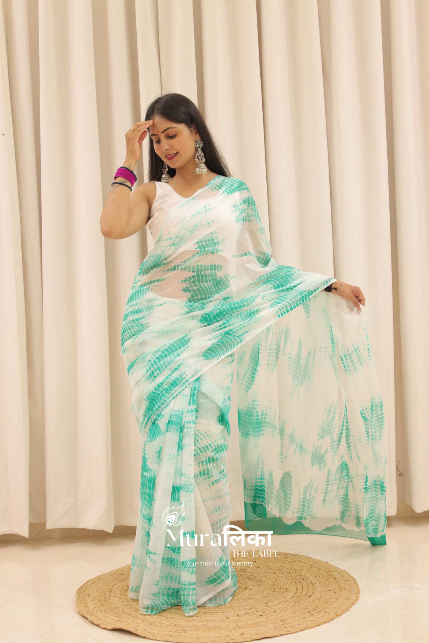 Aqua Blue Hand Dyed Shibori Bandhej Chiffon Saree