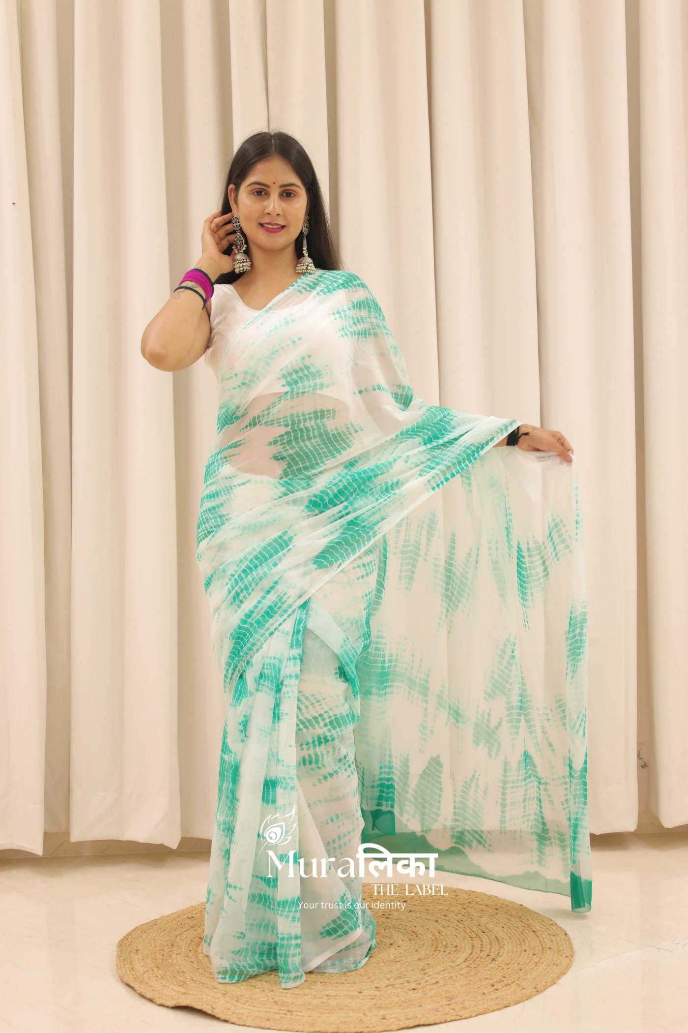 Aqua Blue Hand Dyed Shibori Bandhej Chiffon Saree