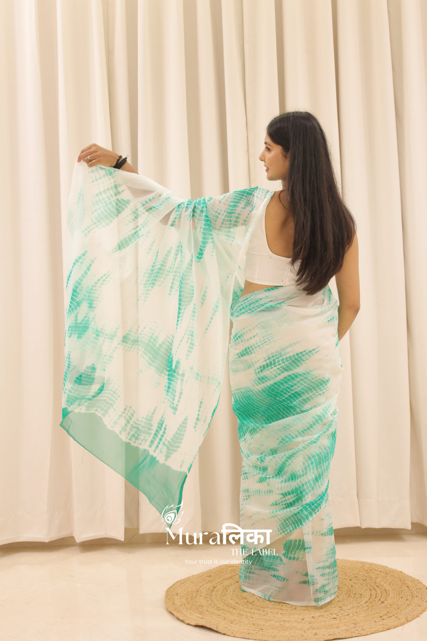 Aqua Blue Hand Dyed Shibori Bandhej Chiffon Saree
