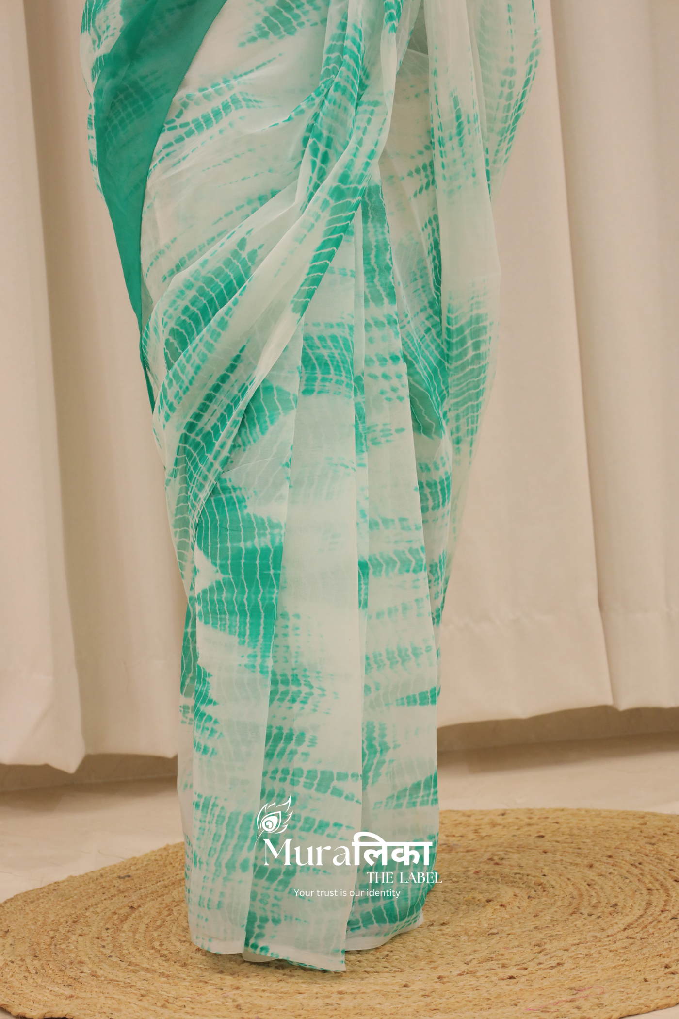 Aqua Blue Hand Dyed Shibori Bandhej Chiffon Saree