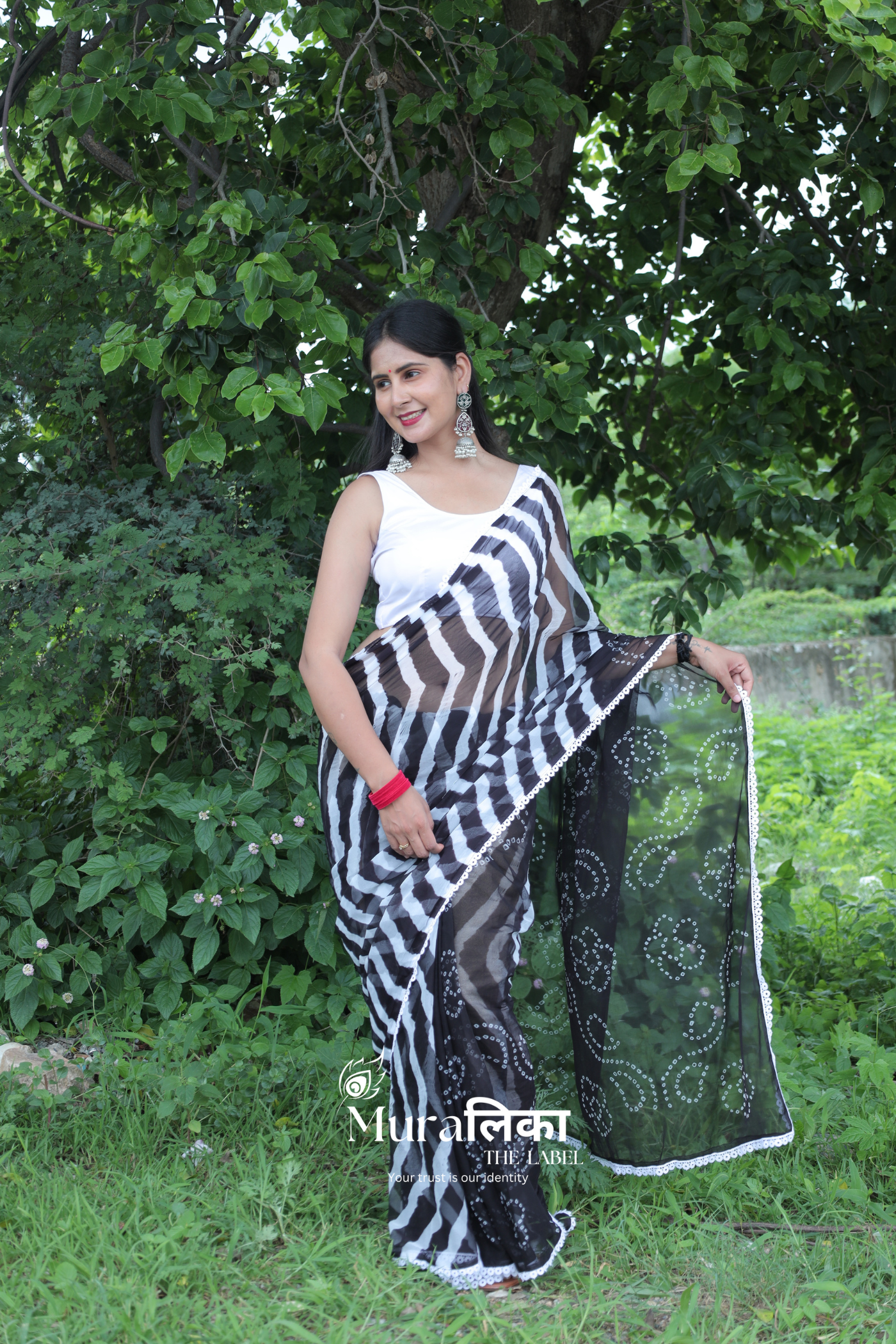 Shyam Black Hand dyed Bandhej Leheriya Saree with Lace border