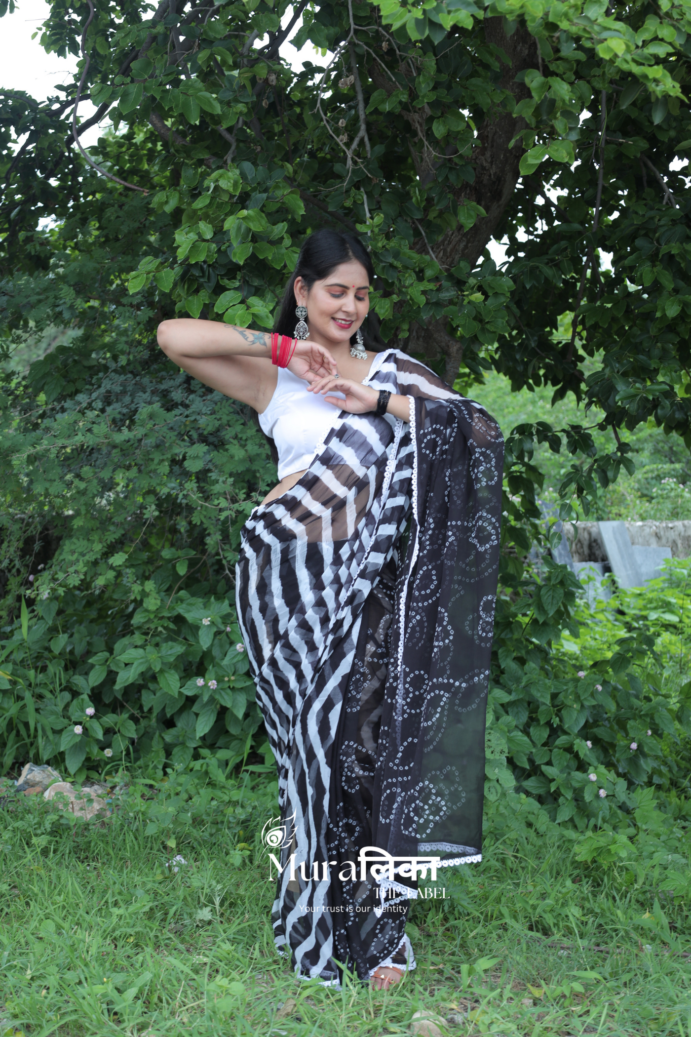 Shyam Black Hand dyed Bandhej Leheriya Saree with Lace border