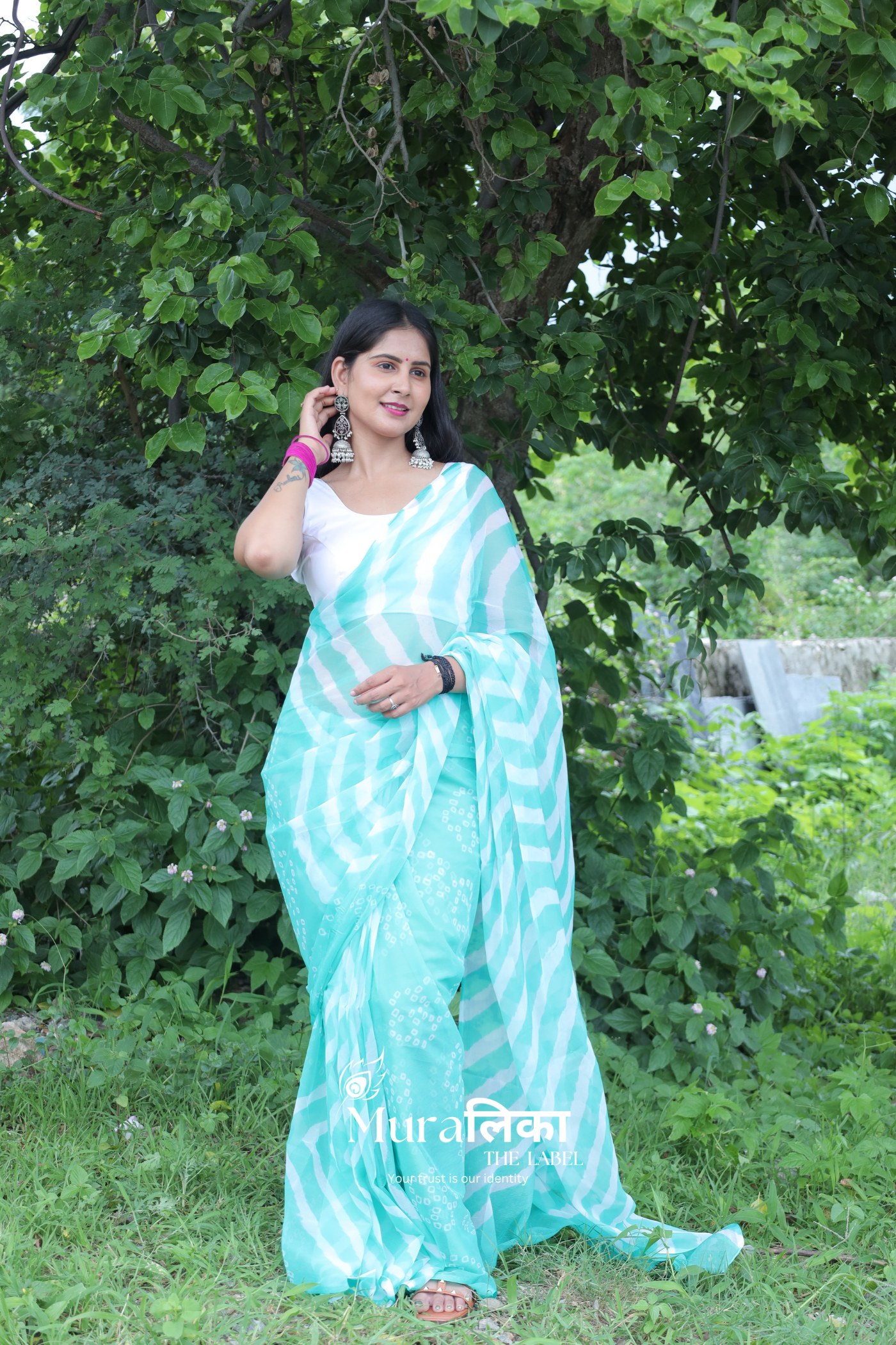 Teal Green Hand Dyed Leheriya Bandhej Chiffon Saree