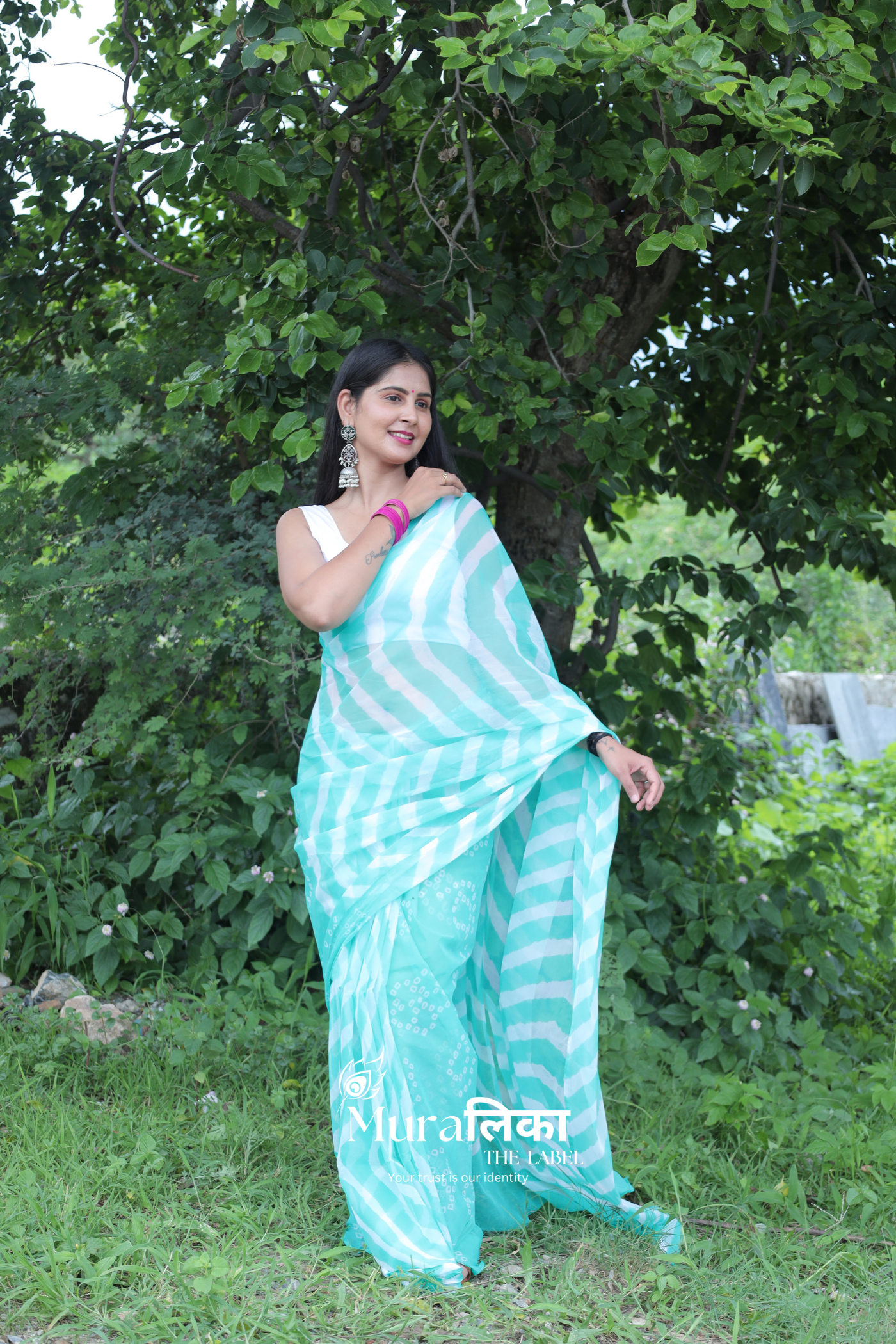 Teal Green Hand Dyed Leheriya Bandhej Chiffon Saree