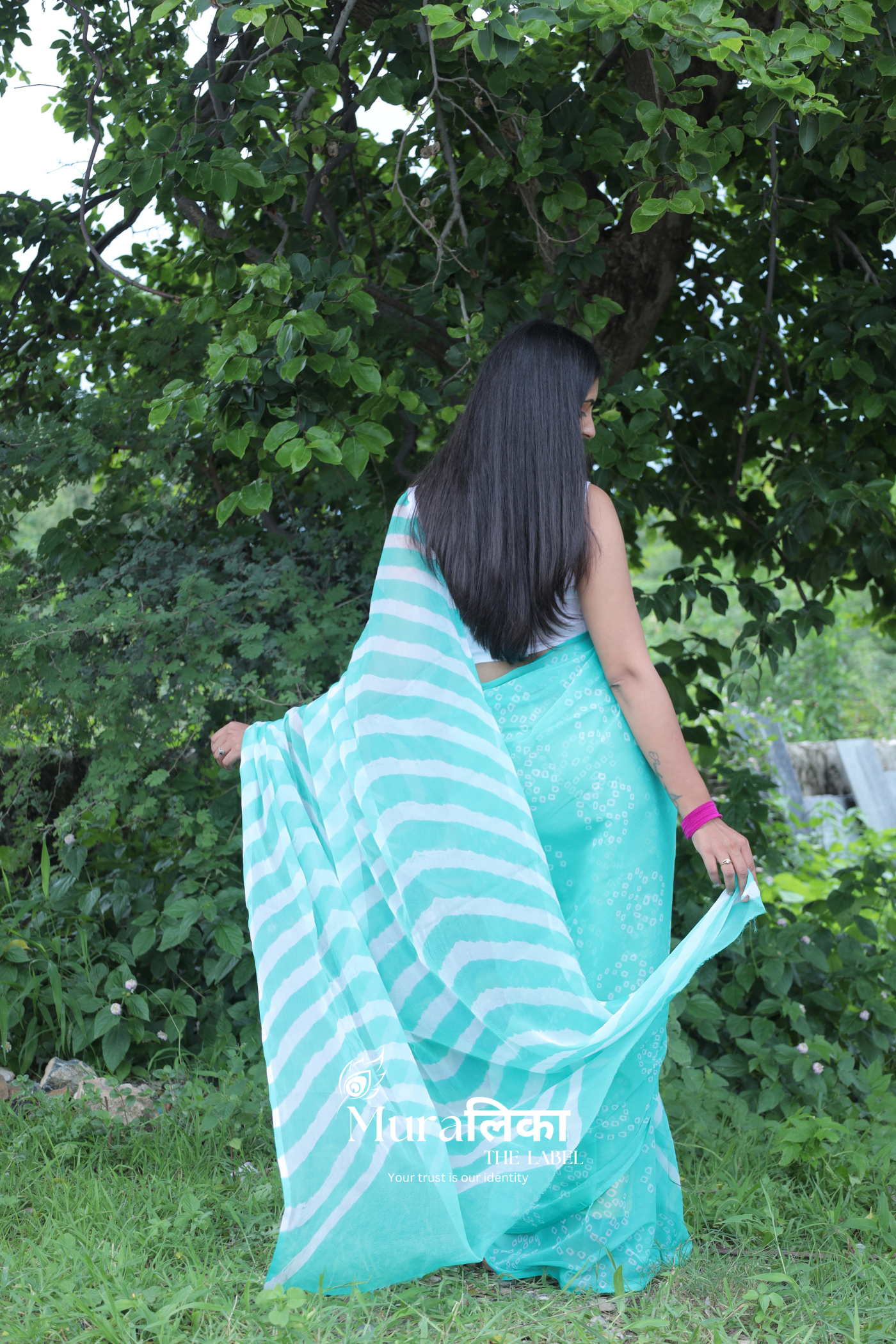 Teal Green Hand Dyed Leheriya Bandhej Chiffon Saree