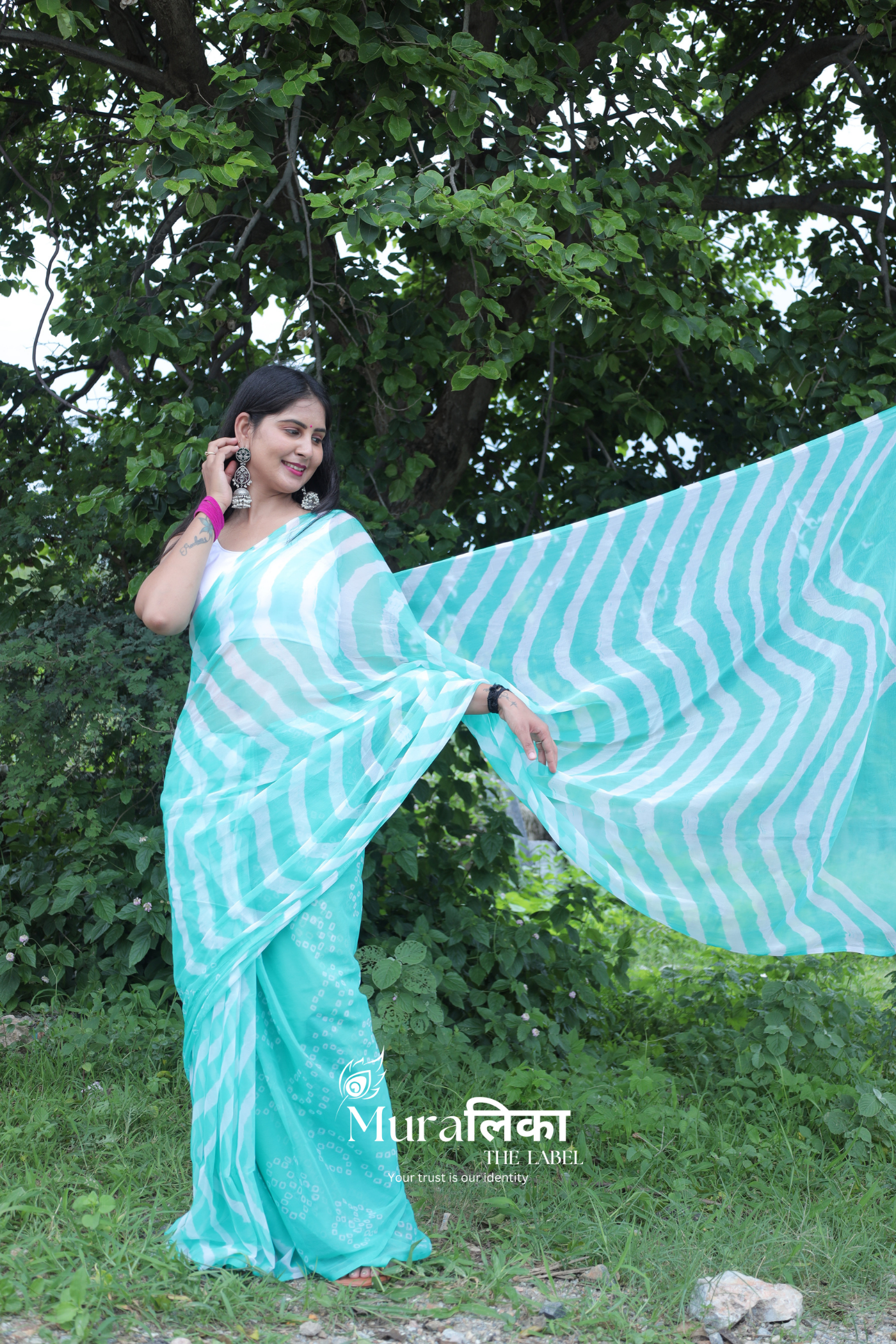 Teal Green Hand Dyed Leheriya Bandhej Chiffon Saree