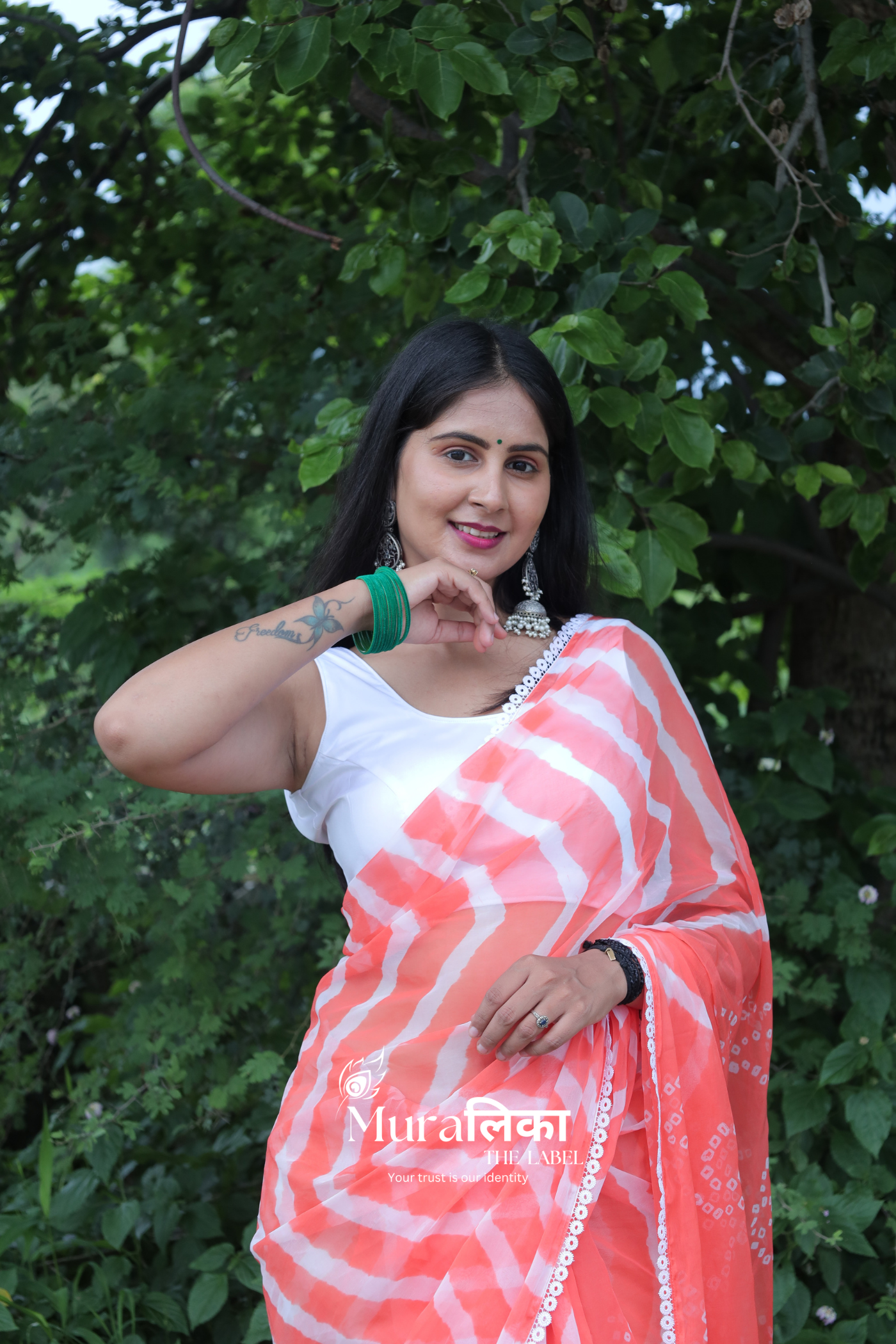 English Peach Hand Dyed Chiffon Leheriya Bandhej Saree with Lace Border