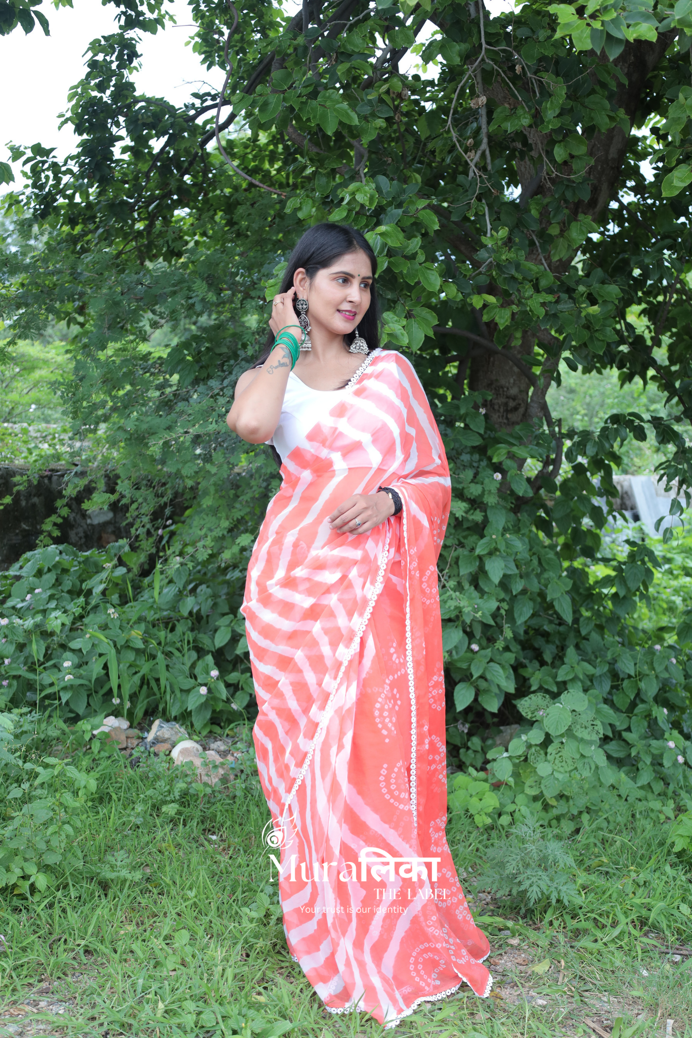 English Peach Hand Dyed Chiffon Leheriya Bandhej Saree with Lace Border