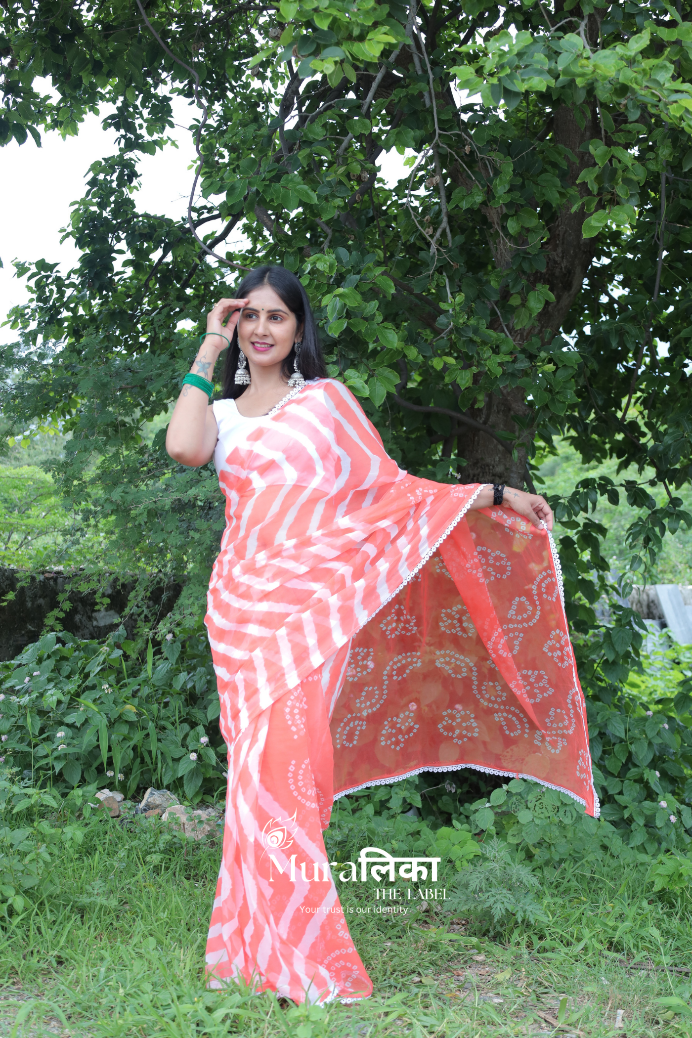 English Peach Hand Dyed Chiffon Leheriya Bandhej Saree with Lace Border