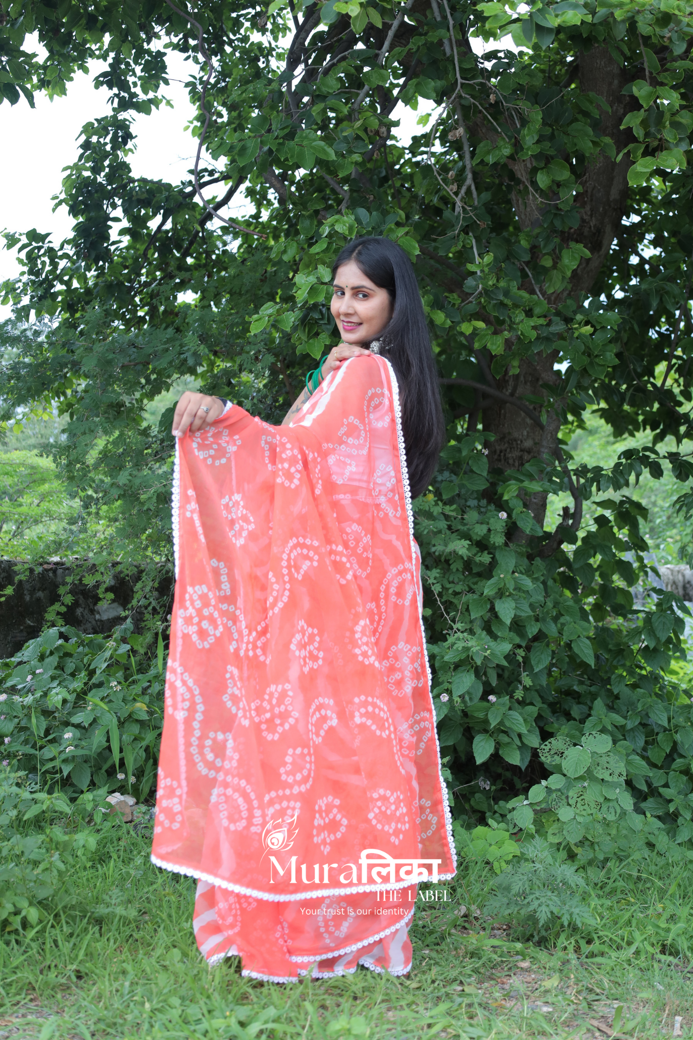 English Peach Hand Dyed Chiffon Leheriya Bandhej Saree with Lace Border