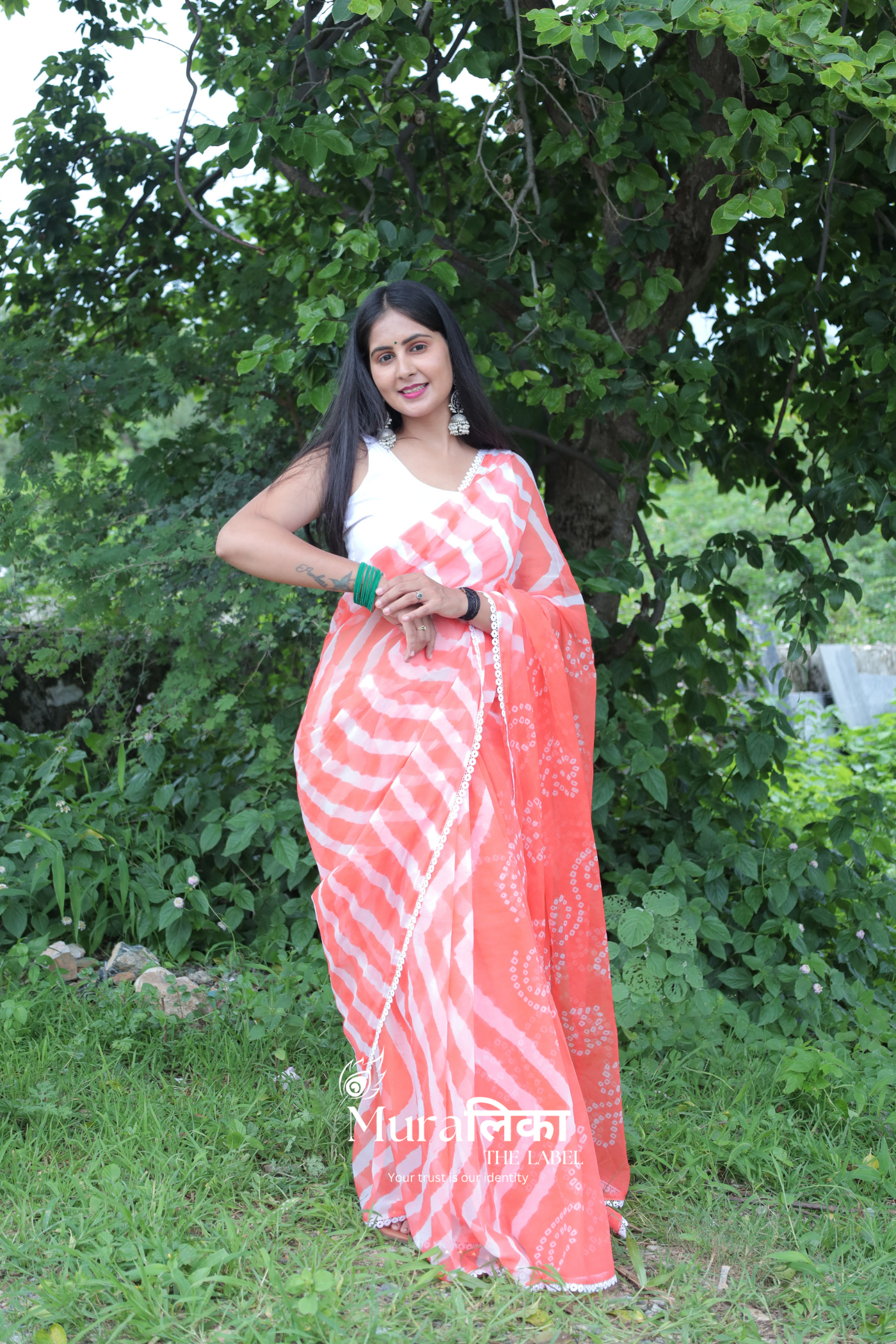 English Peach Hand Dyed Chiffon Leheriya Bandhej Saree with Lace Border