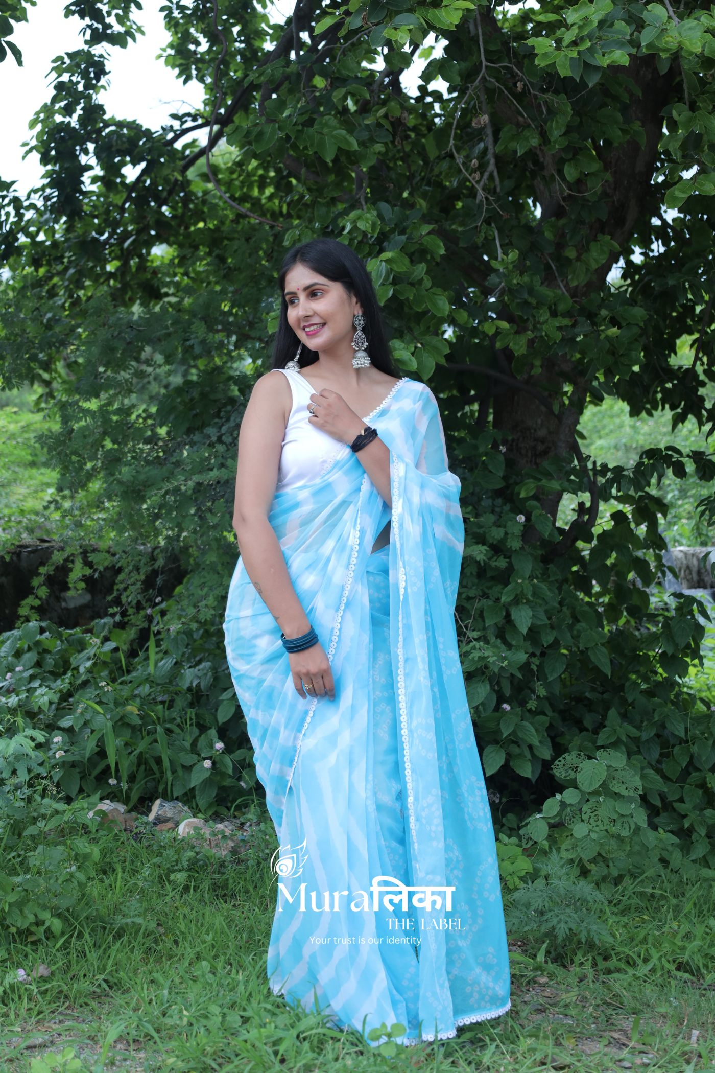 Sapphire Blue Hand dyed Leheriya Bandhej Chiffon Saree with Lace Border
