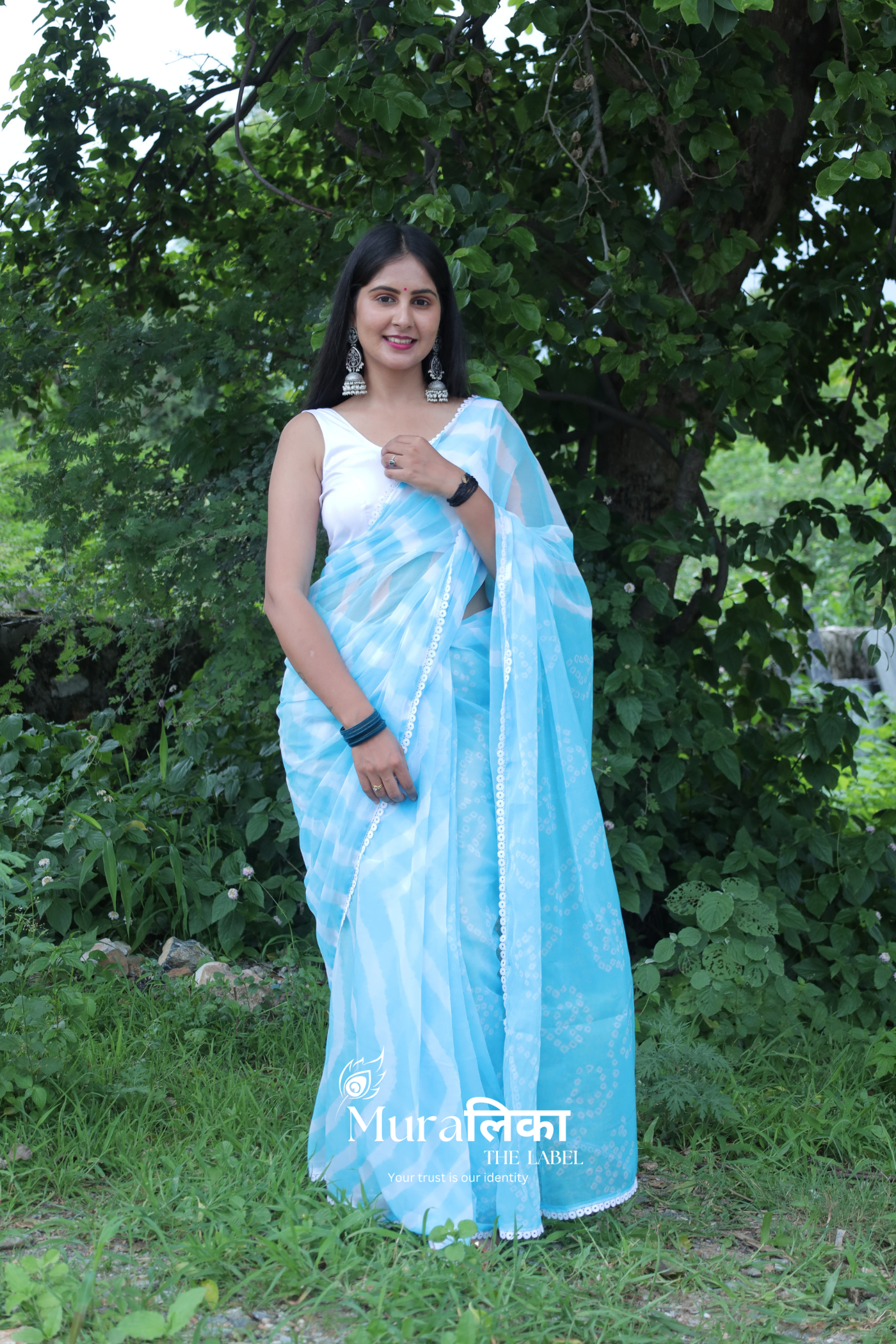 Sapphire Blue Hand dyed Leheriya Bandhej Chiffon Saree with Lace Border