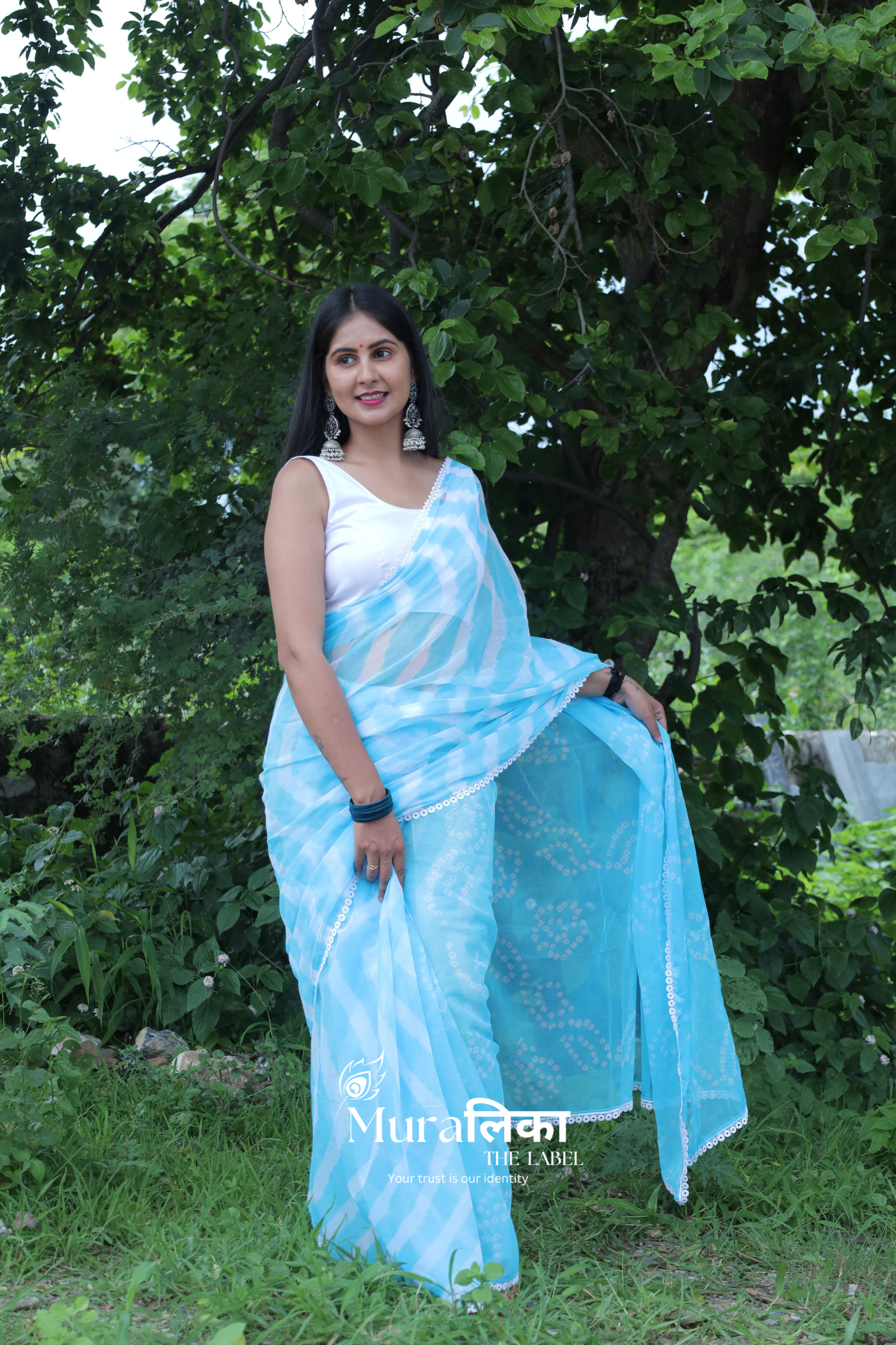 Sapphire Blue Hand dyed Leheriya Bandhej Chiffon Saree with Lace Border
