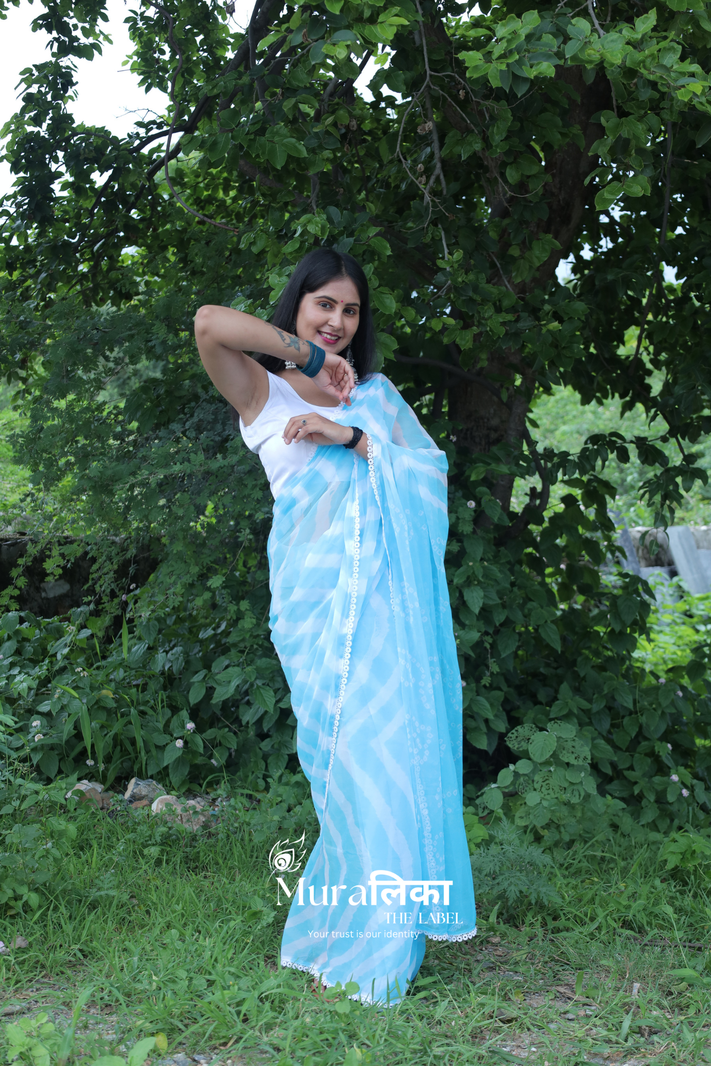 Sapphire Blue Hand dyed Leheriya Bandhej Chiffon Saree with Lace Border