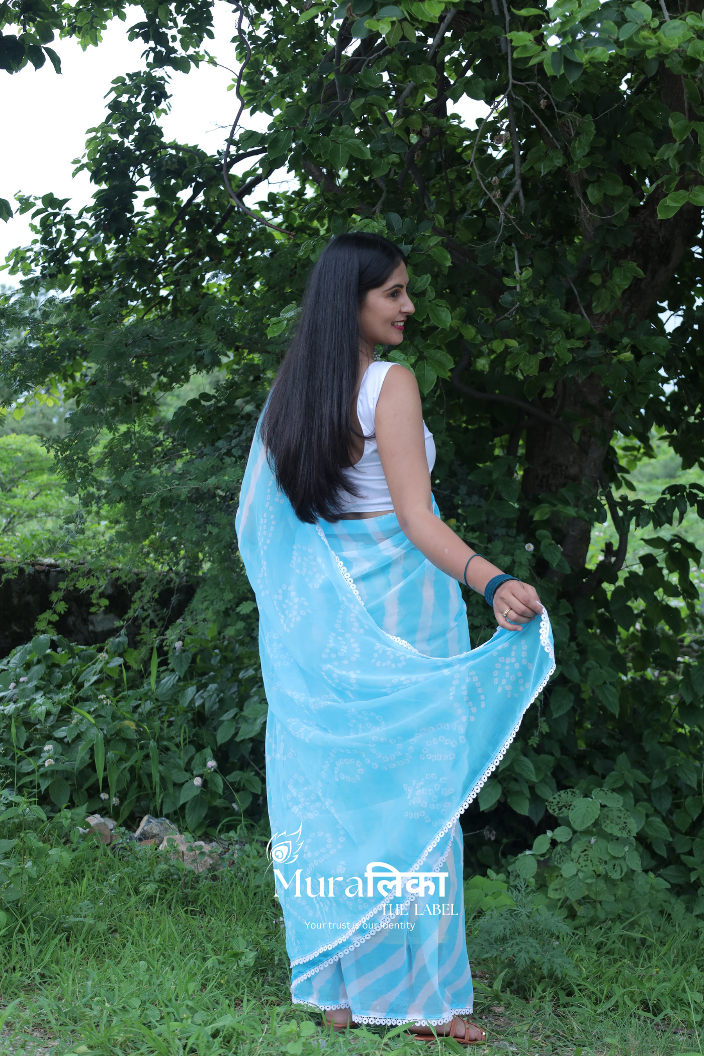 Sapphire Blue Hand dyed Leheriya Bandhej Chiffon Saree with Lace Border