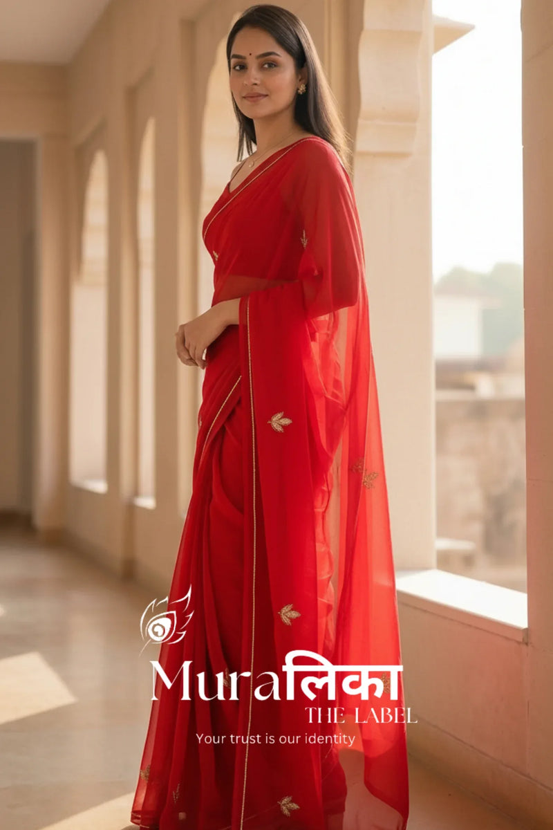 Muralika Red handwork Chiffon Saree