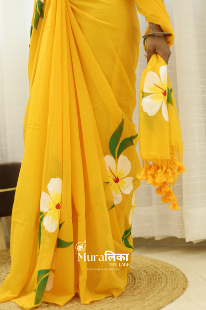 Gulmohar Yellow Handpainted Mulmul cotton Saree