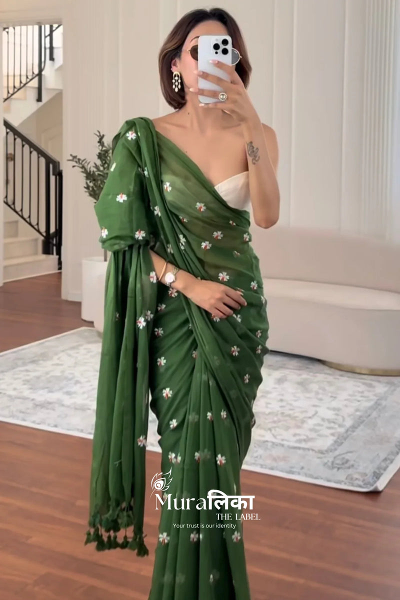 Parijaat Green Embroireded Mulmul Cotton Saree - Muralika the label