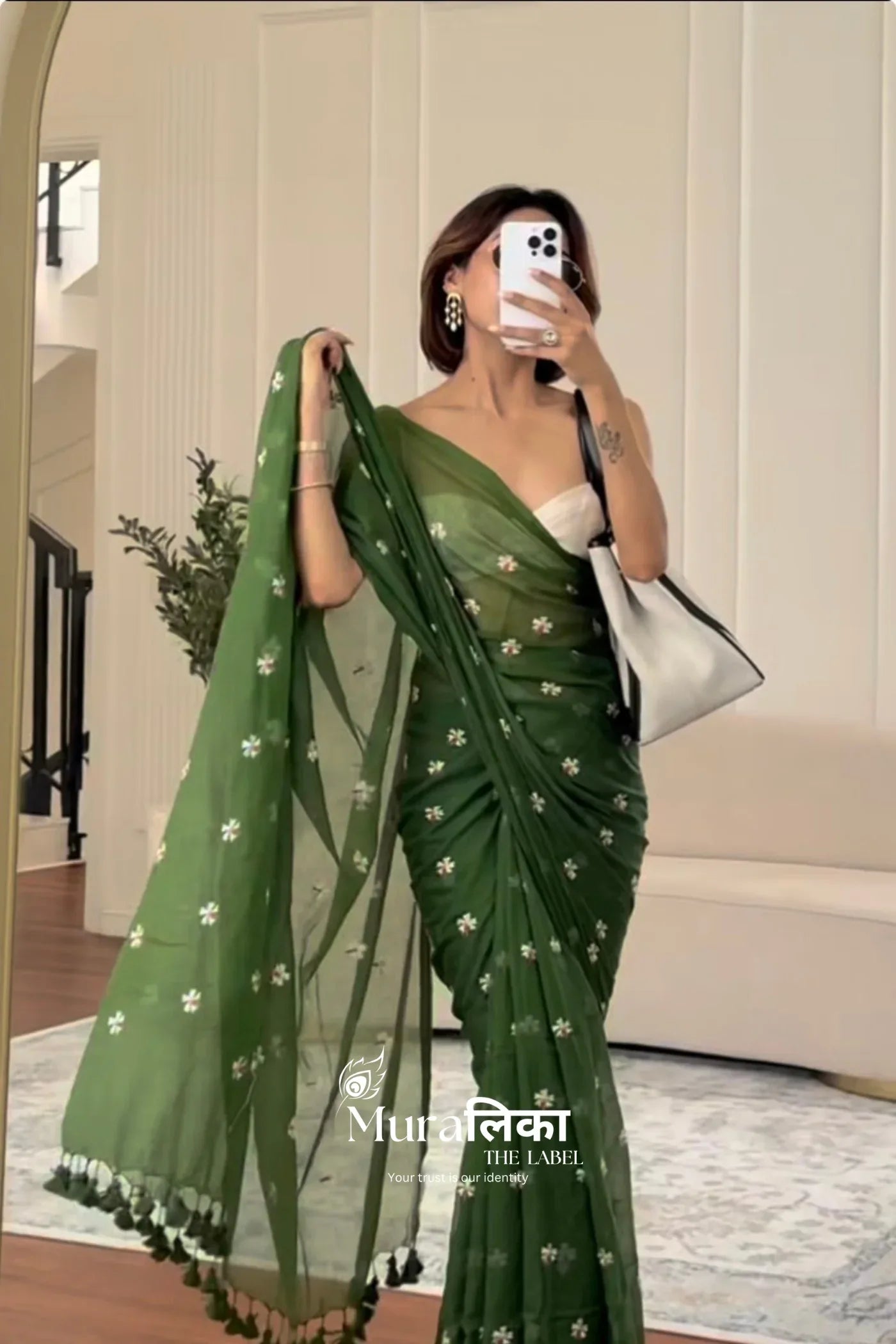 Parijaat Green Embroireded Mulmul Cotton Saree - Muralika the label