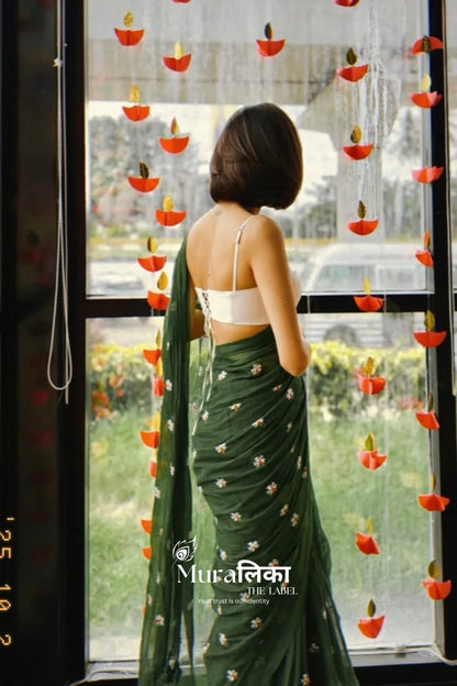 Parijaat Green Embroireded Mulmul Cotton Saree - Muralika the label