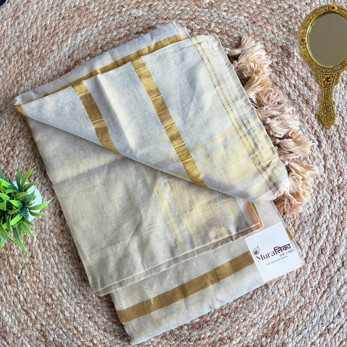 Gold zari border and pleats of the Sunehri cream tissue cotton saree