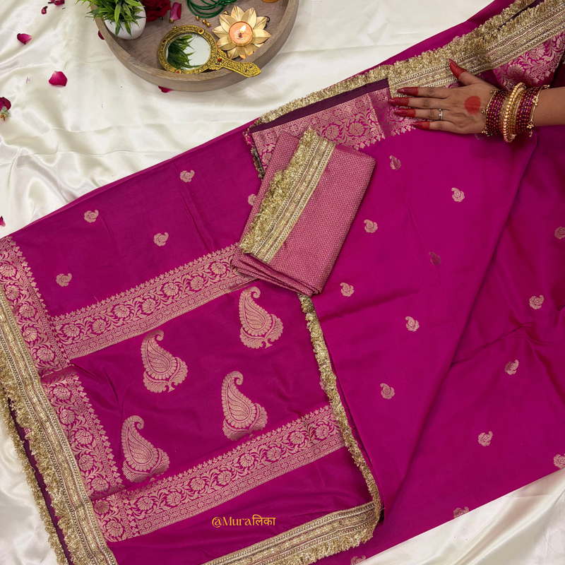 Meher - Banarasi soft silk saree Rani Pink Saree with Lace work