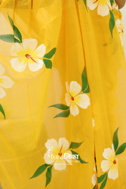 Gulmohar Yellow Handpainted Mulmul cotton Saree