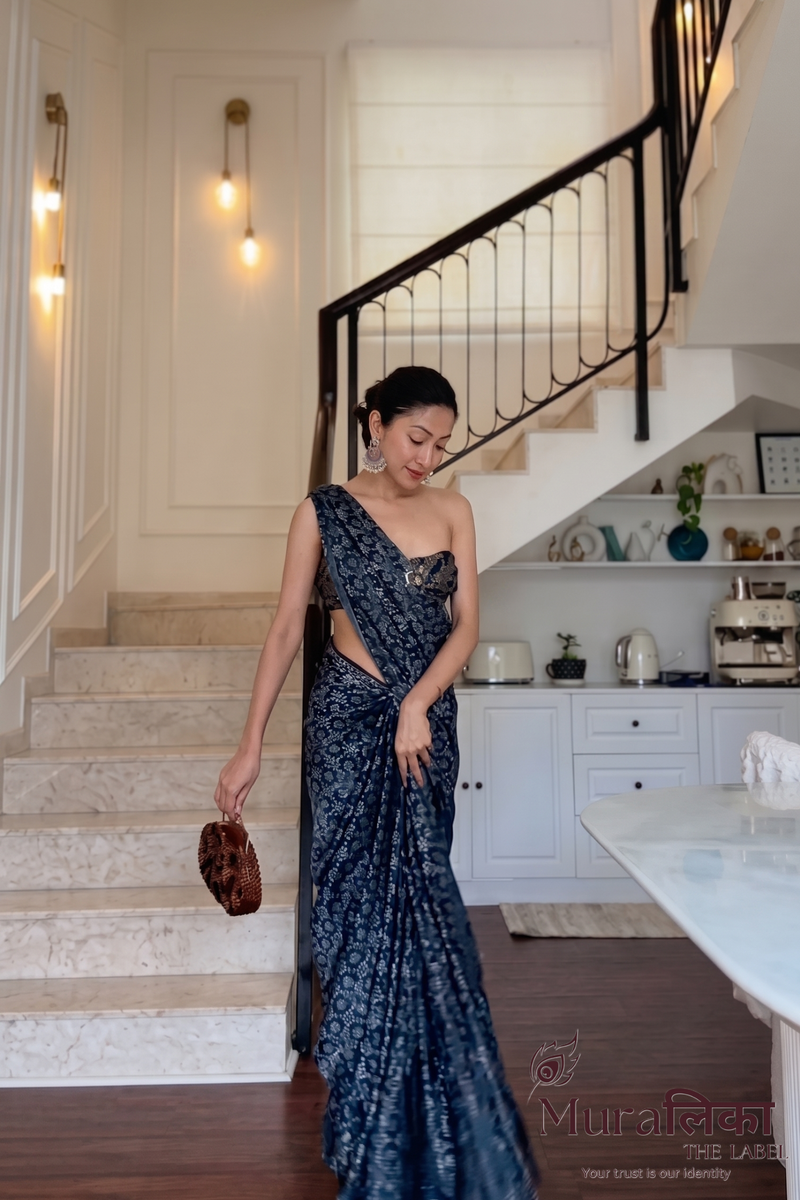 Ajrakh Hand block Printed Modal Silk Saree