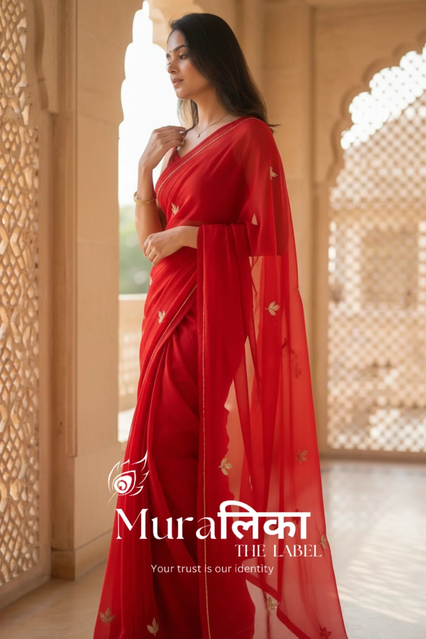 Muralika Red handwork Chiffon Saree