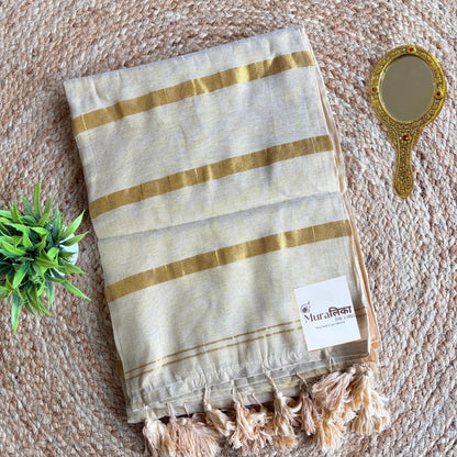 Sunehri cream and gold tissue cotton saree for Onam, full length