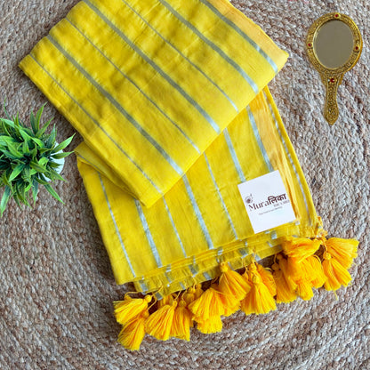 Close view of silver stripes on the Haldi yellow mulmul cotton saree