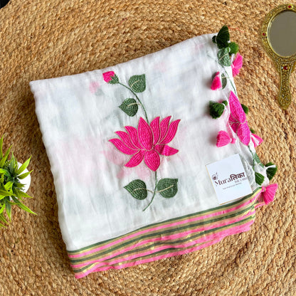 Kamal Talai white mulmul cotton saree with hand-embroidered pink lotus motifs
