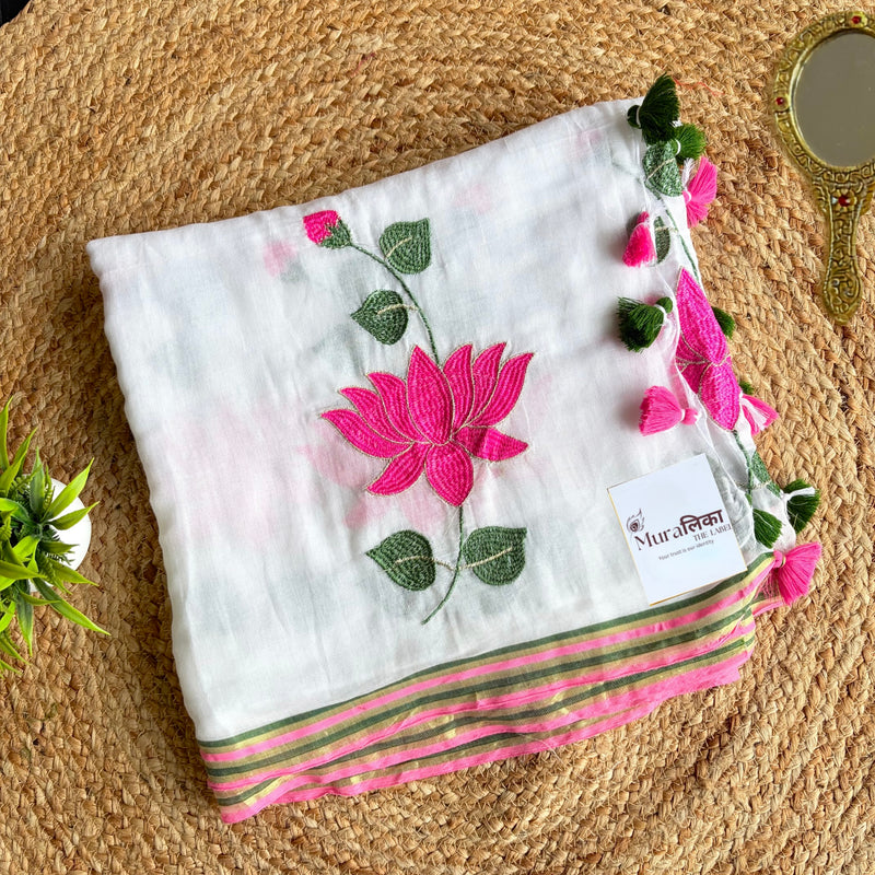 Kamal Talai white mulmul cotton saree with hand-embroidered pink lotus motifs