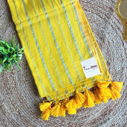 Haldi yellow mulmul cotton saree pallu with yellow tassels